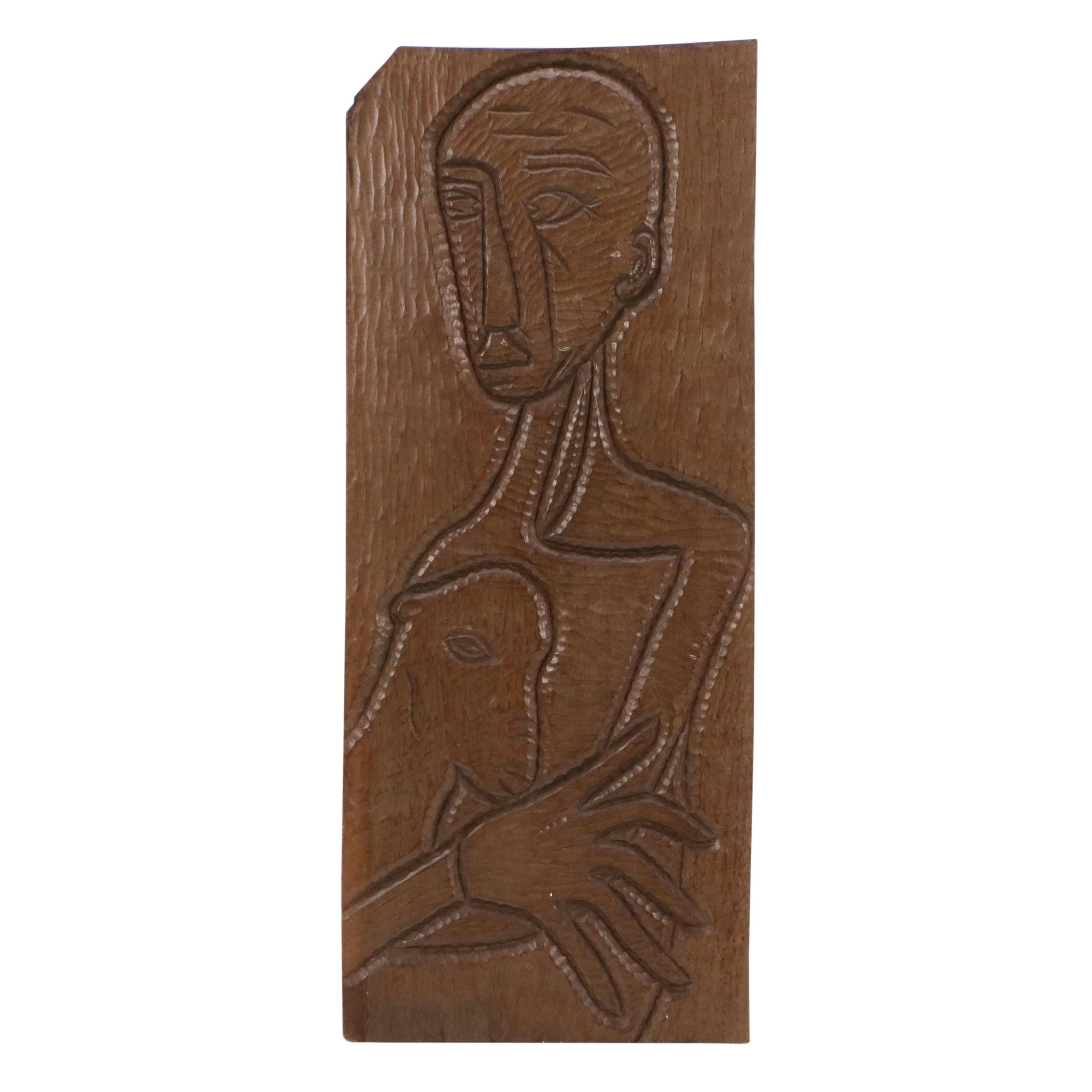 Hand-Carved Wooden Plaque Depicting Man and Sheep