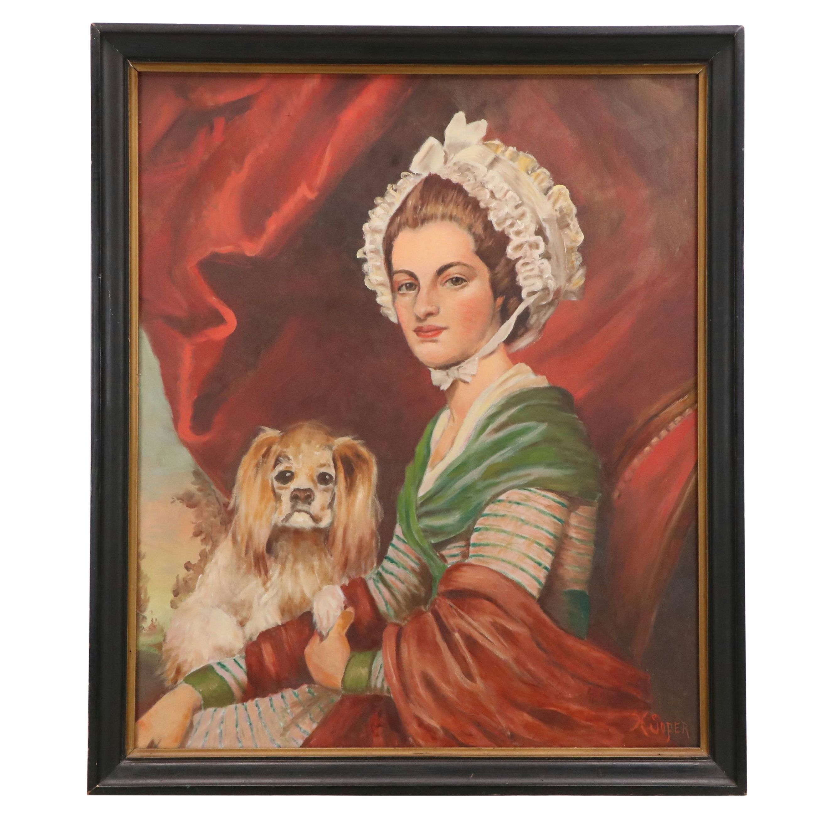 H. Soper Oil Portrait of Young Woman with Spaniel, Circa Early 20th Century
