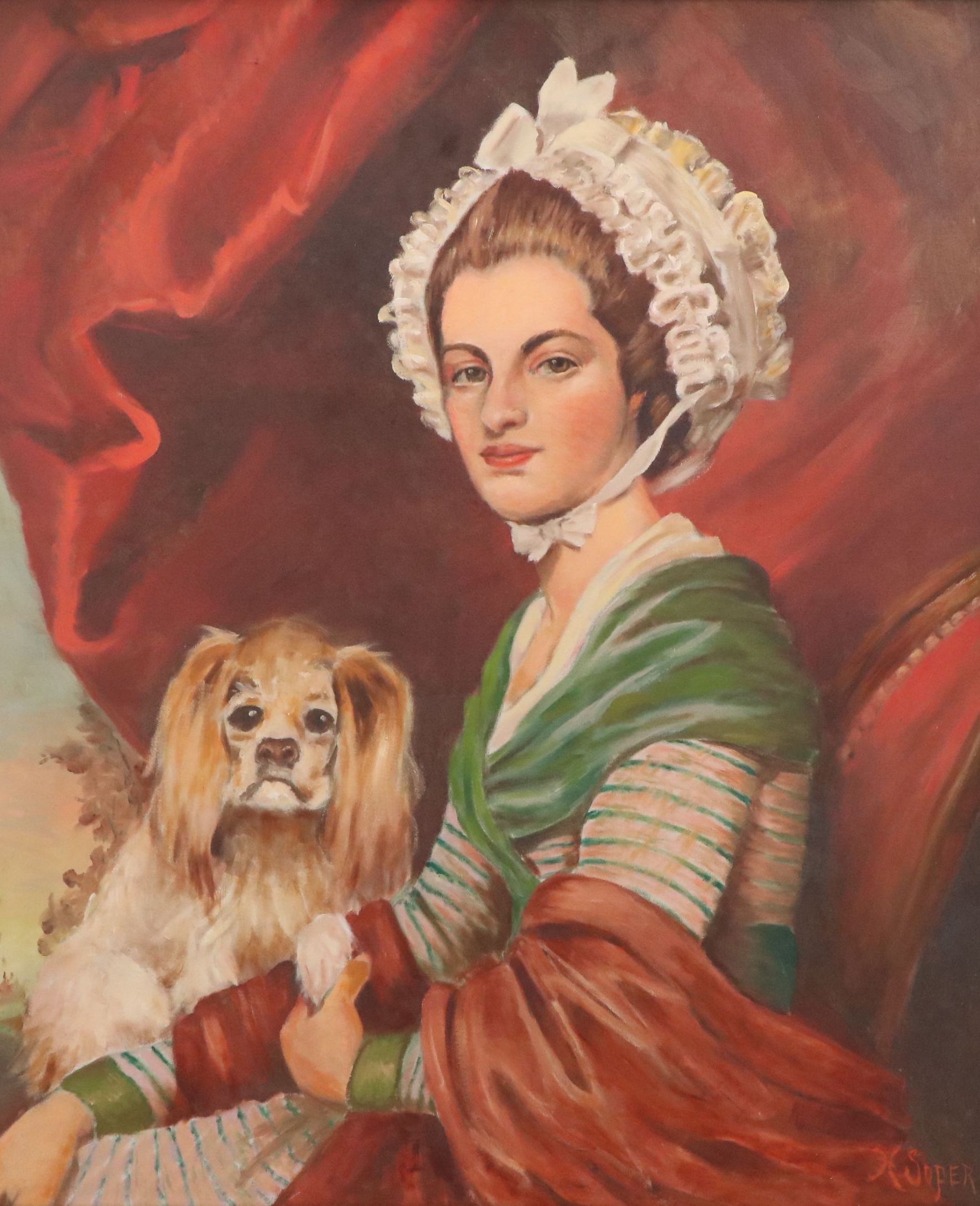 H. Soper Oil Portrait of Young Woman with Spaniel, Circa Early 20th Century