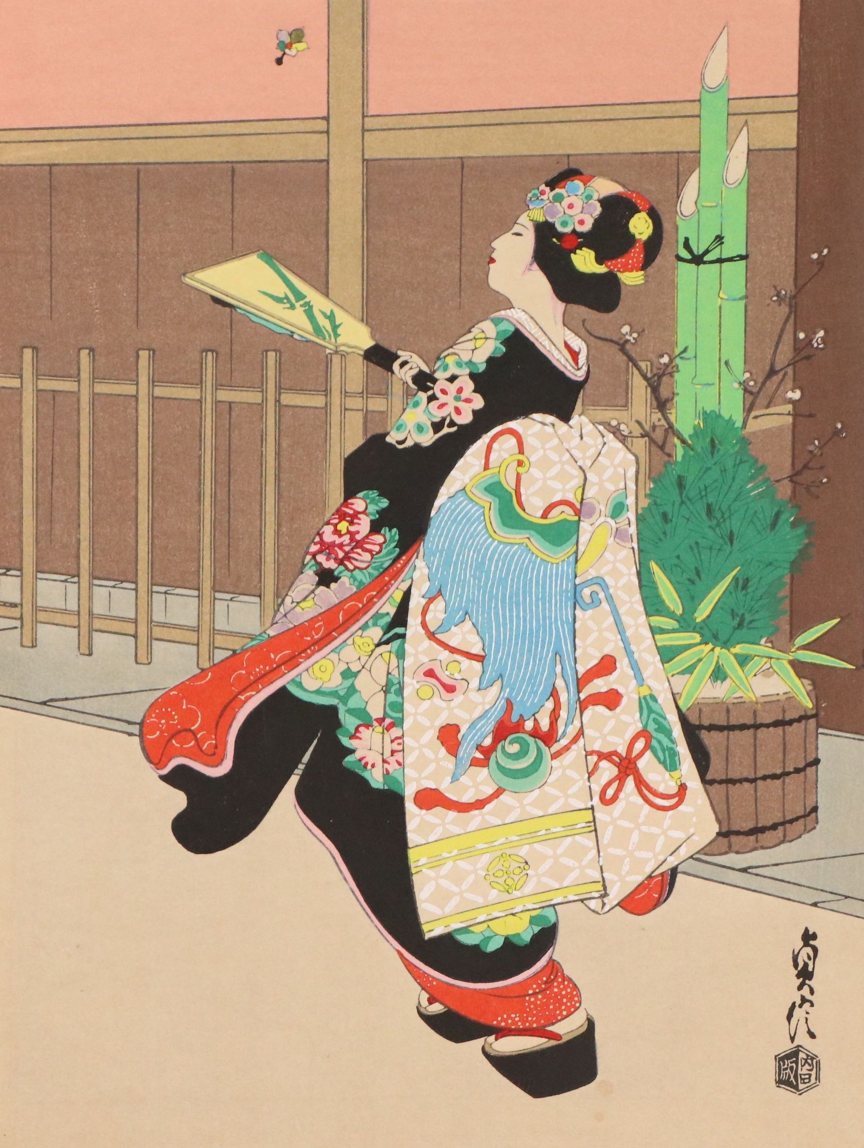 Woodblock After Hasegawa Sadanobu III "Maiko Girl Playing Hanetsuki"