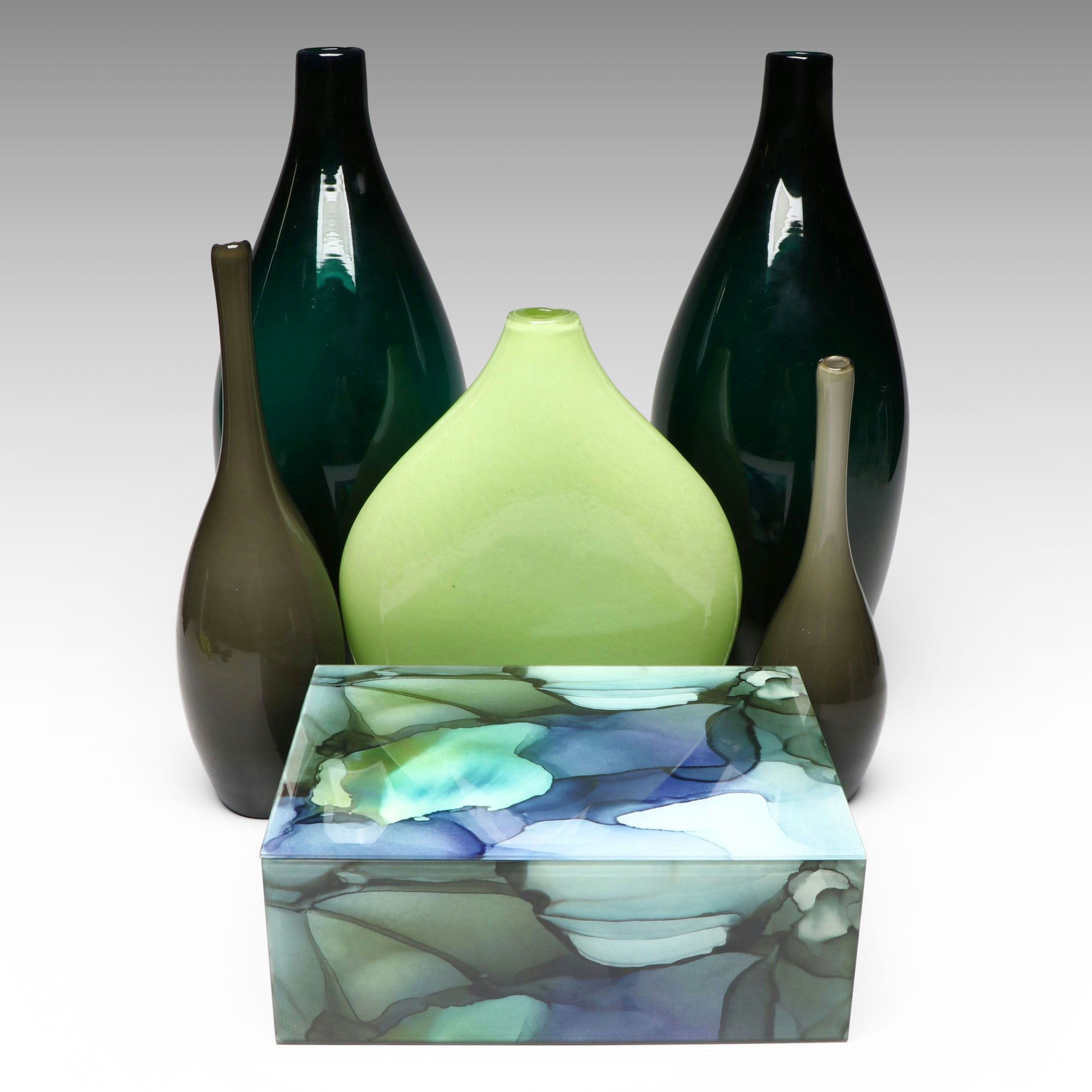 Contemporary Green and Blue Acrylic Box with Handblown Glass Vases