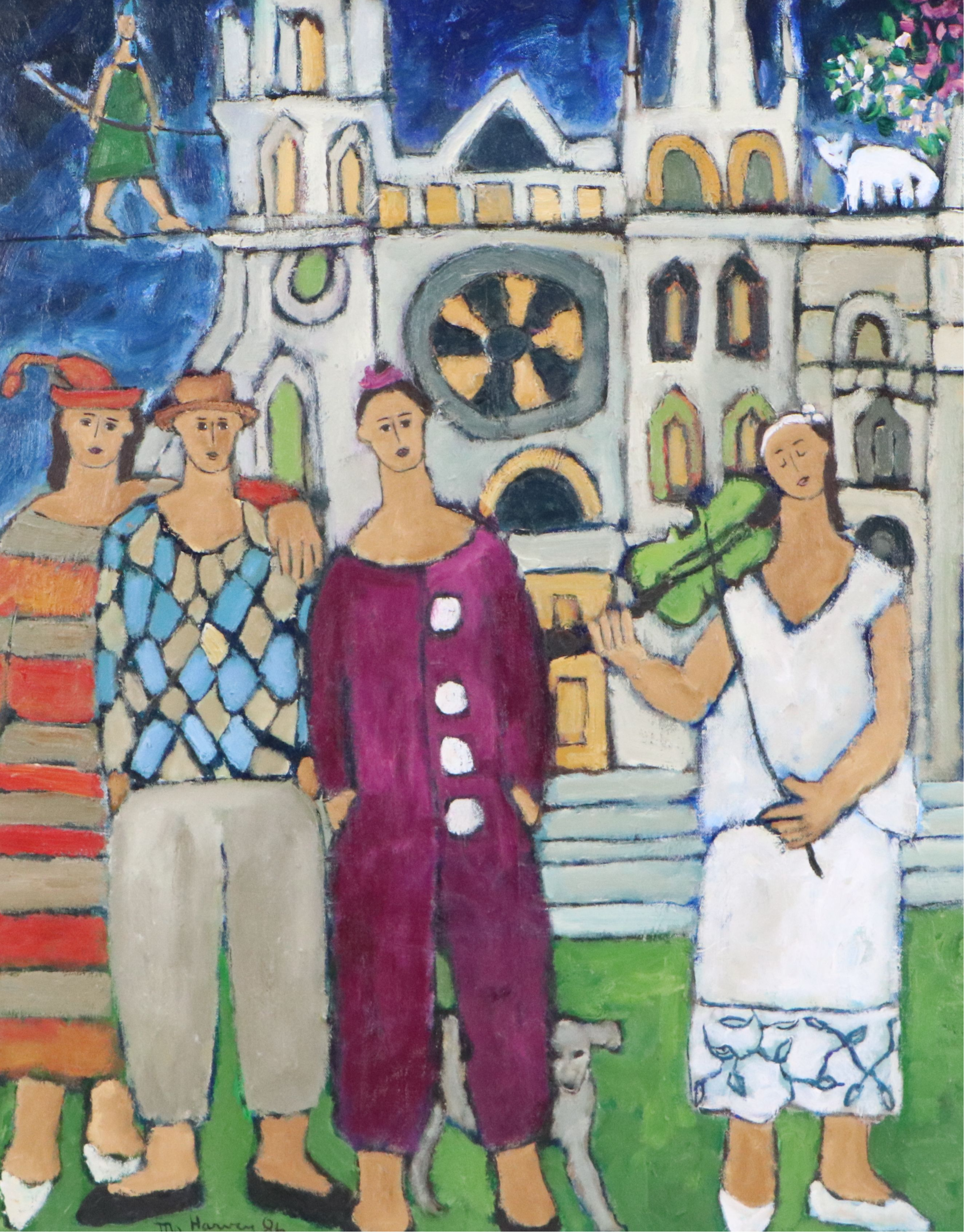 Monique Harvey Oil Painting "Les Saltimbanques de la Cathédrale," 1986