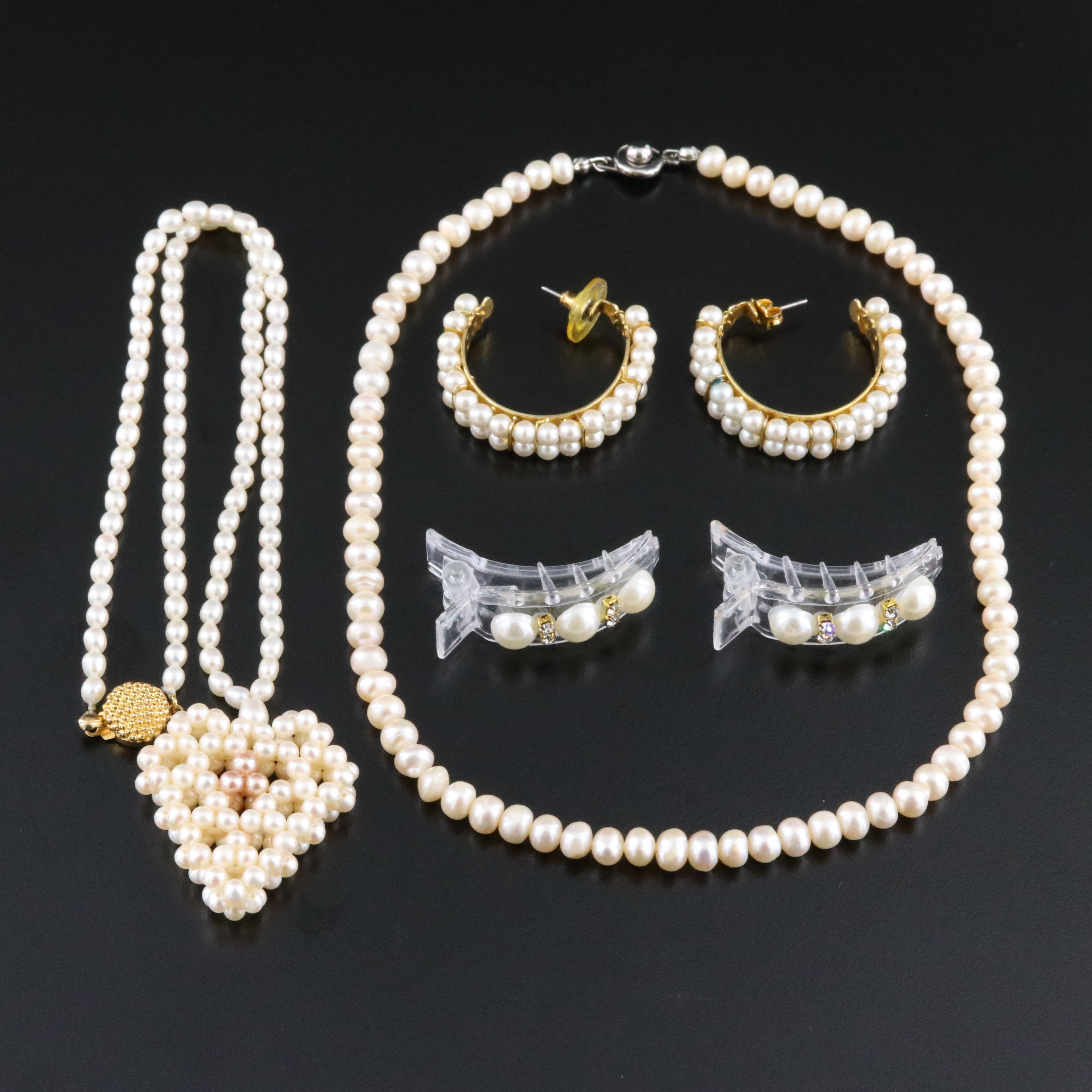 Pearl, Faux Pearl and Rhinestone Necklaces, Earrings, and Hair Clips