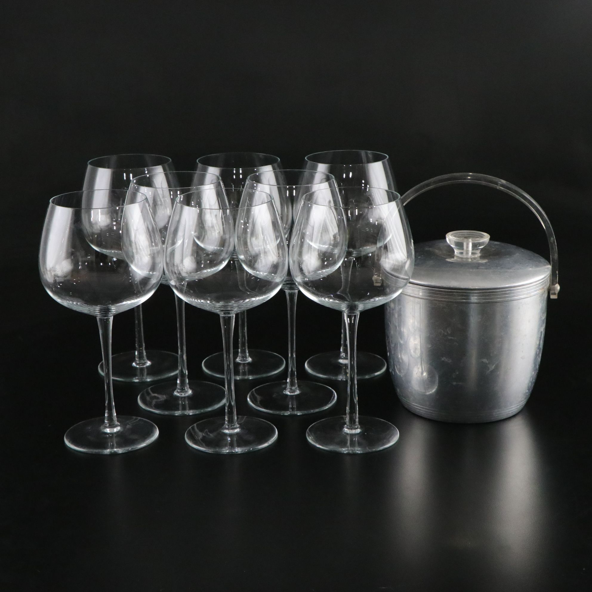 Kromex Aluminum Ice Bucket with Lucite Handle and Tall White Wine Glasses