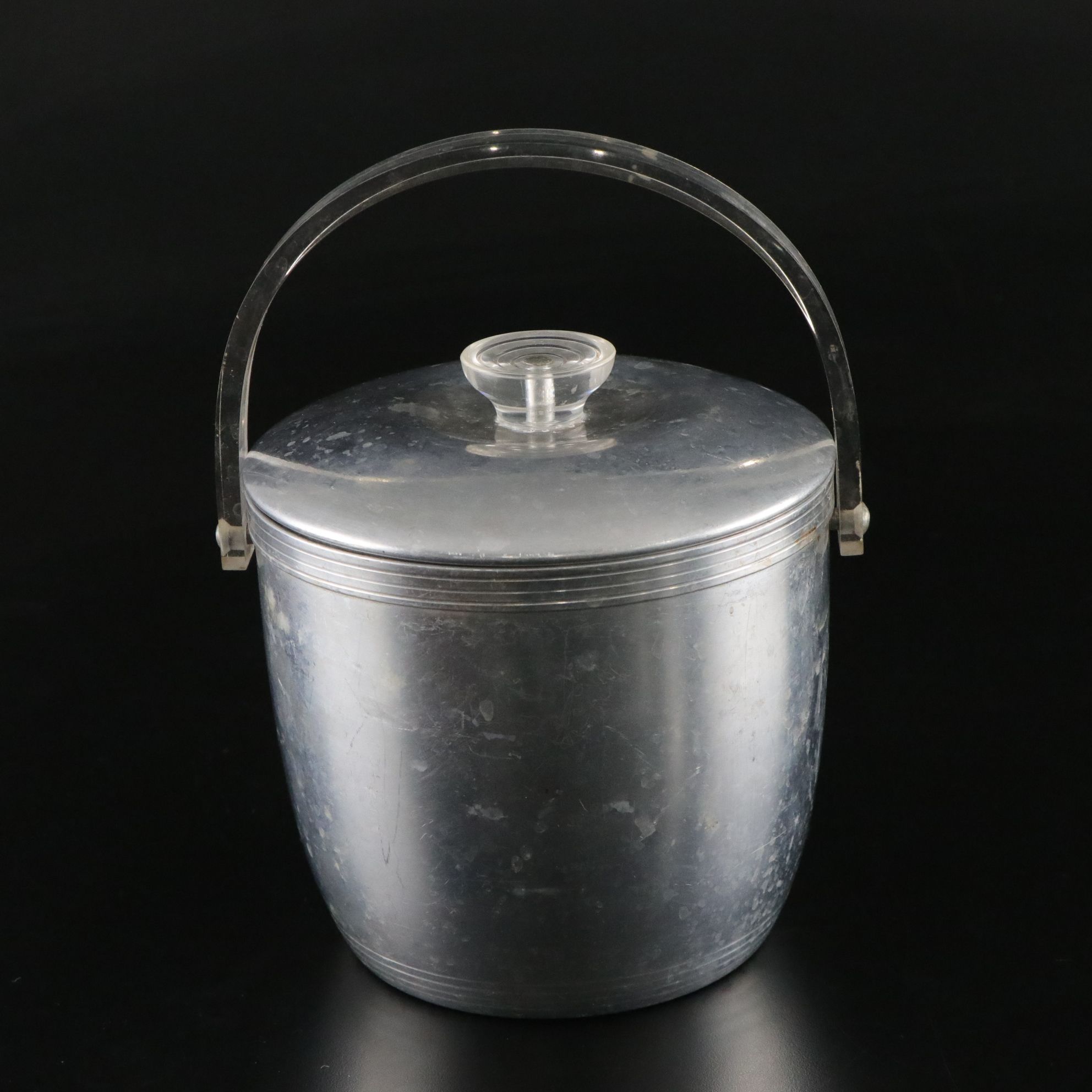 Kromex Aluminum Ice Bucket with Lucite Handle and Tall White Wine Glasses
