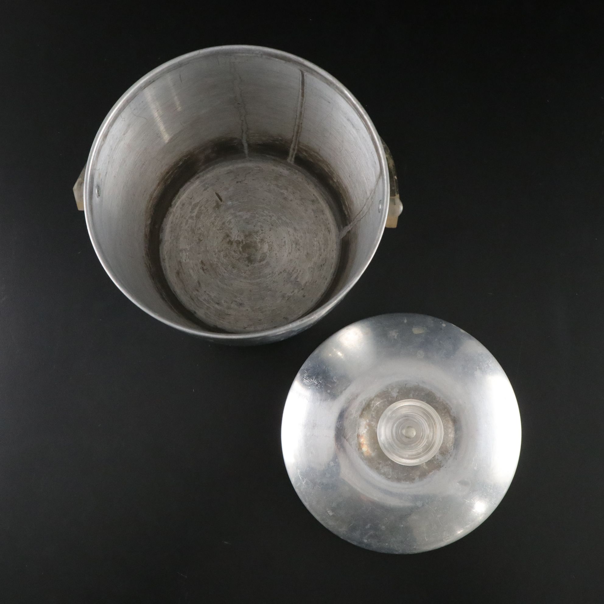 Kromex Aluminum Ice Bucket with Lucite Handle and Tall White Wine Glasses