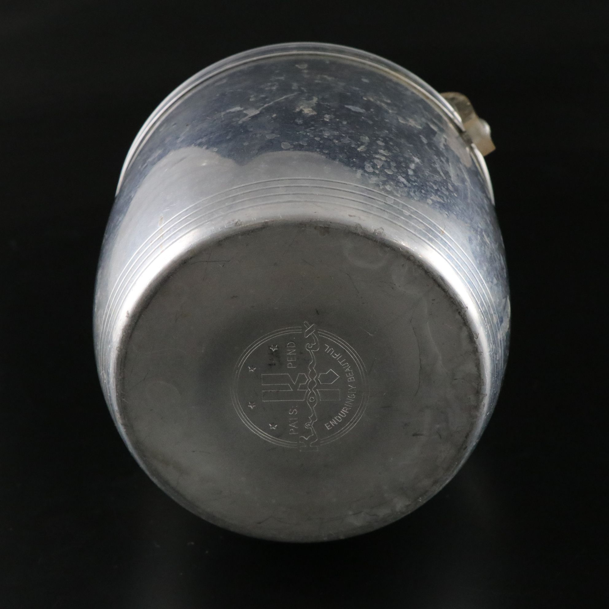 Kromex Aluminum Ice Bucket with Lucite Handle and Tall White Wine Glasses