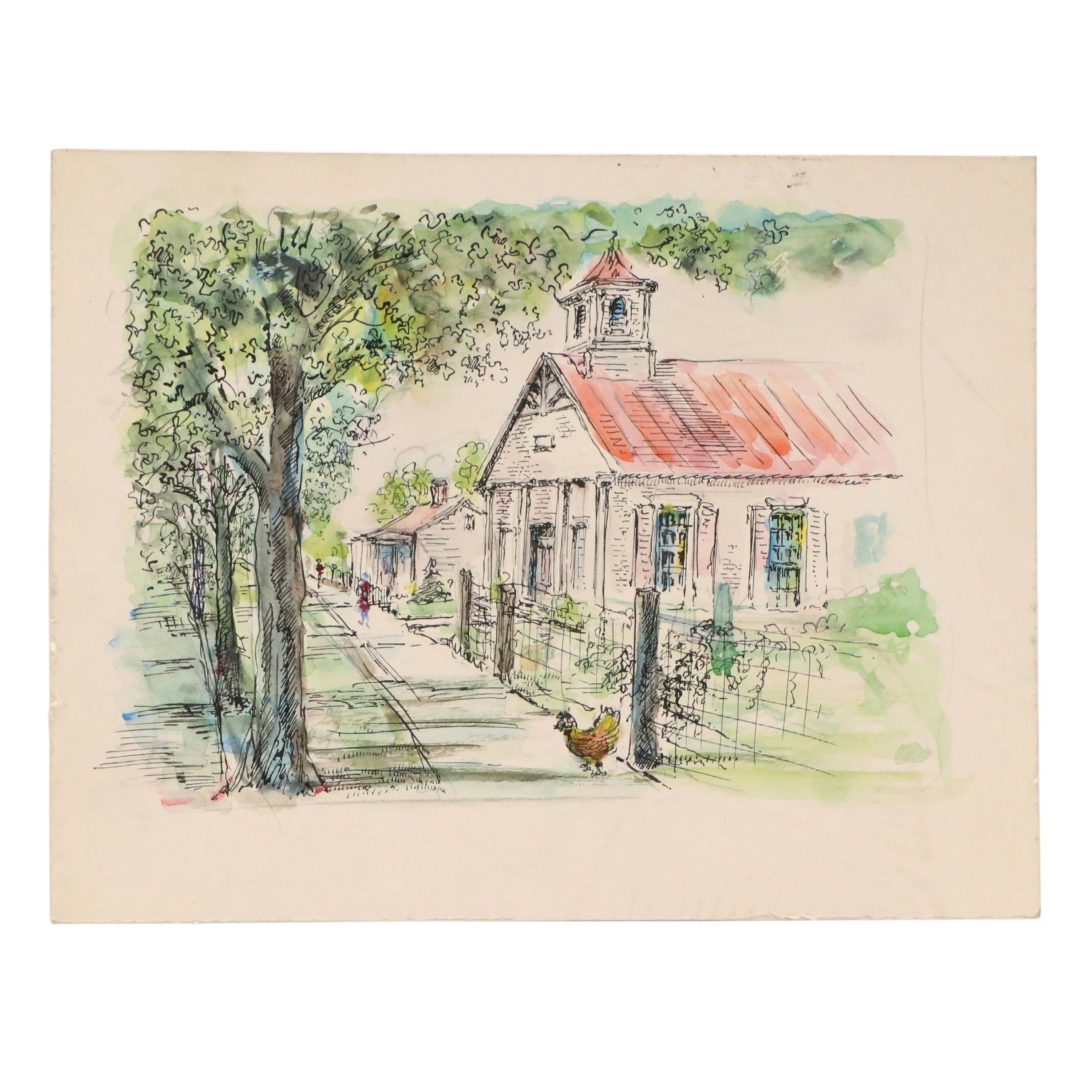 Ink and Watercolor Painting of Street Scene with Chicken, Mid to Late 20th C.