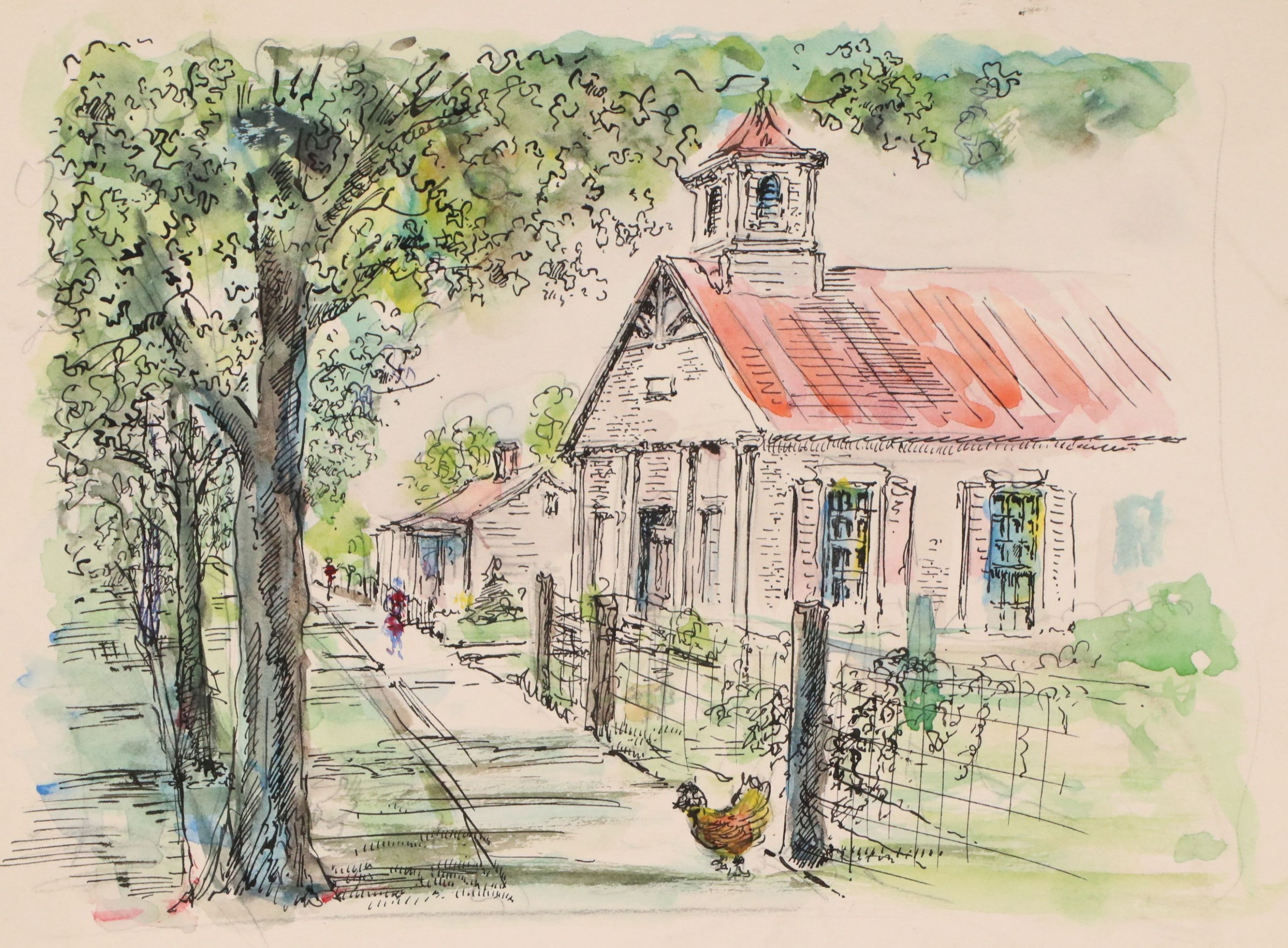 Ink and Watercolor Painting of Street Scene with Chicken, Mid to Late 20th C.