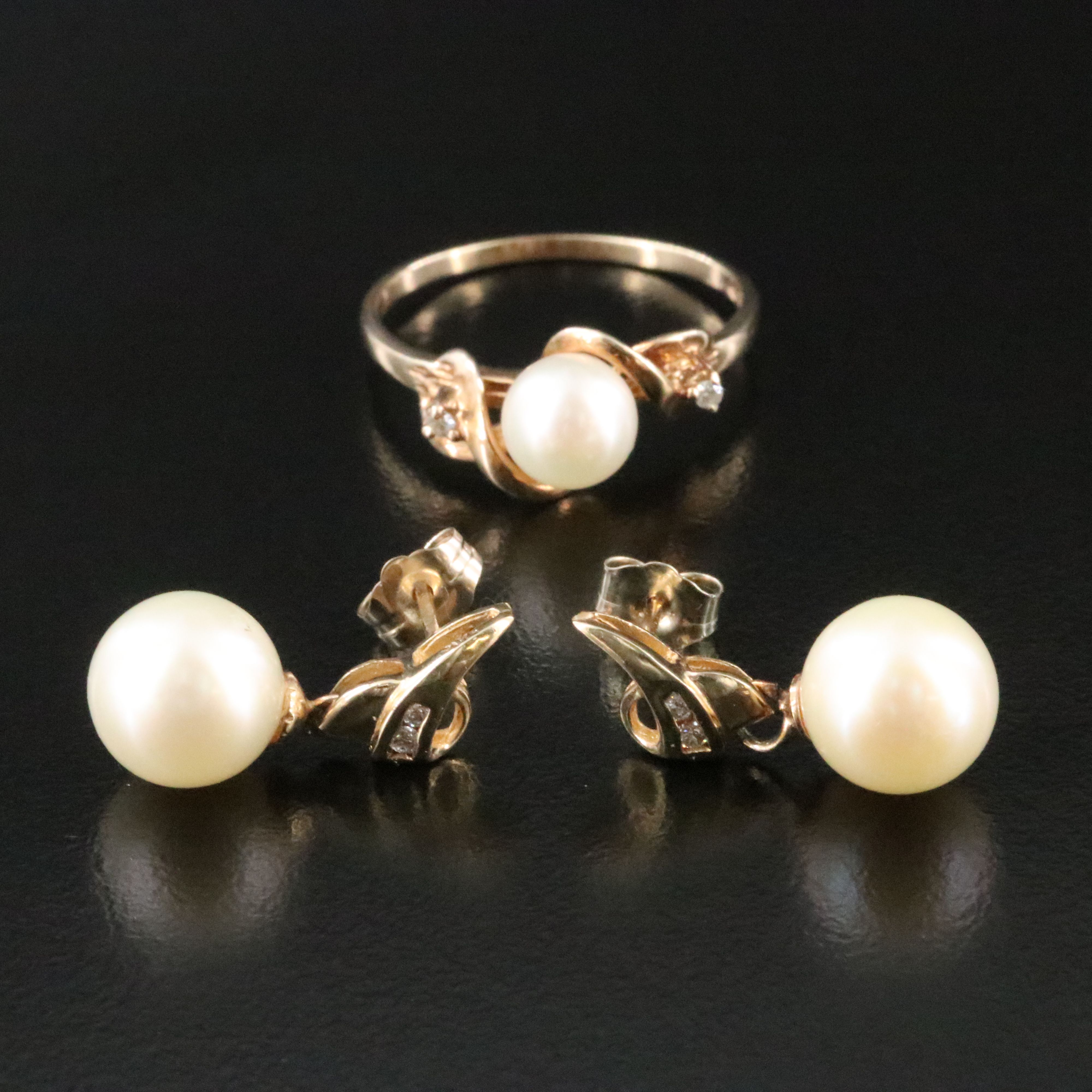 10K Pearl and Diamond Ring and 14K Pearl and CZ Drop Earrings