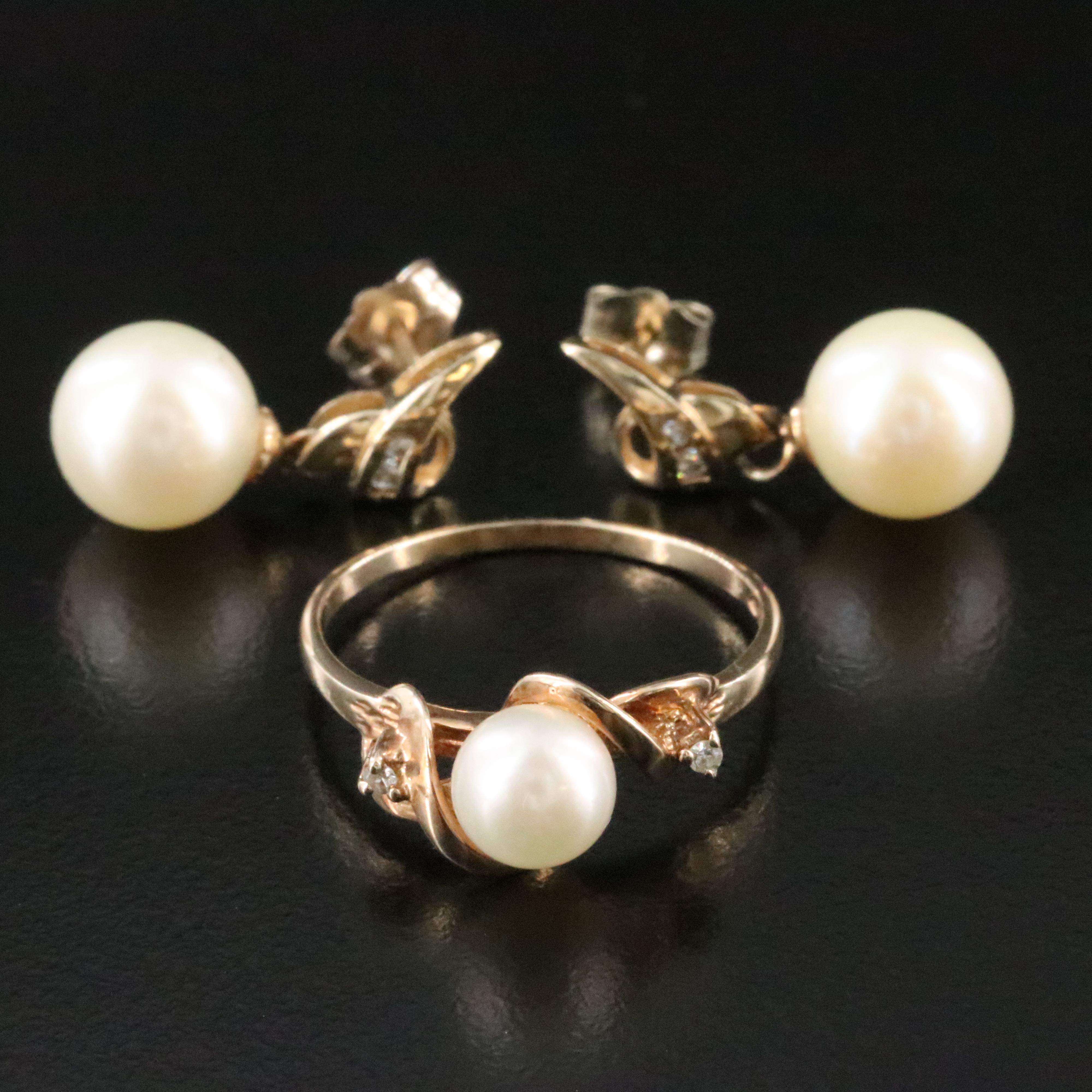 10K Pearl and Diamond Ring and 14K Pearl and CZ Drop Earrings