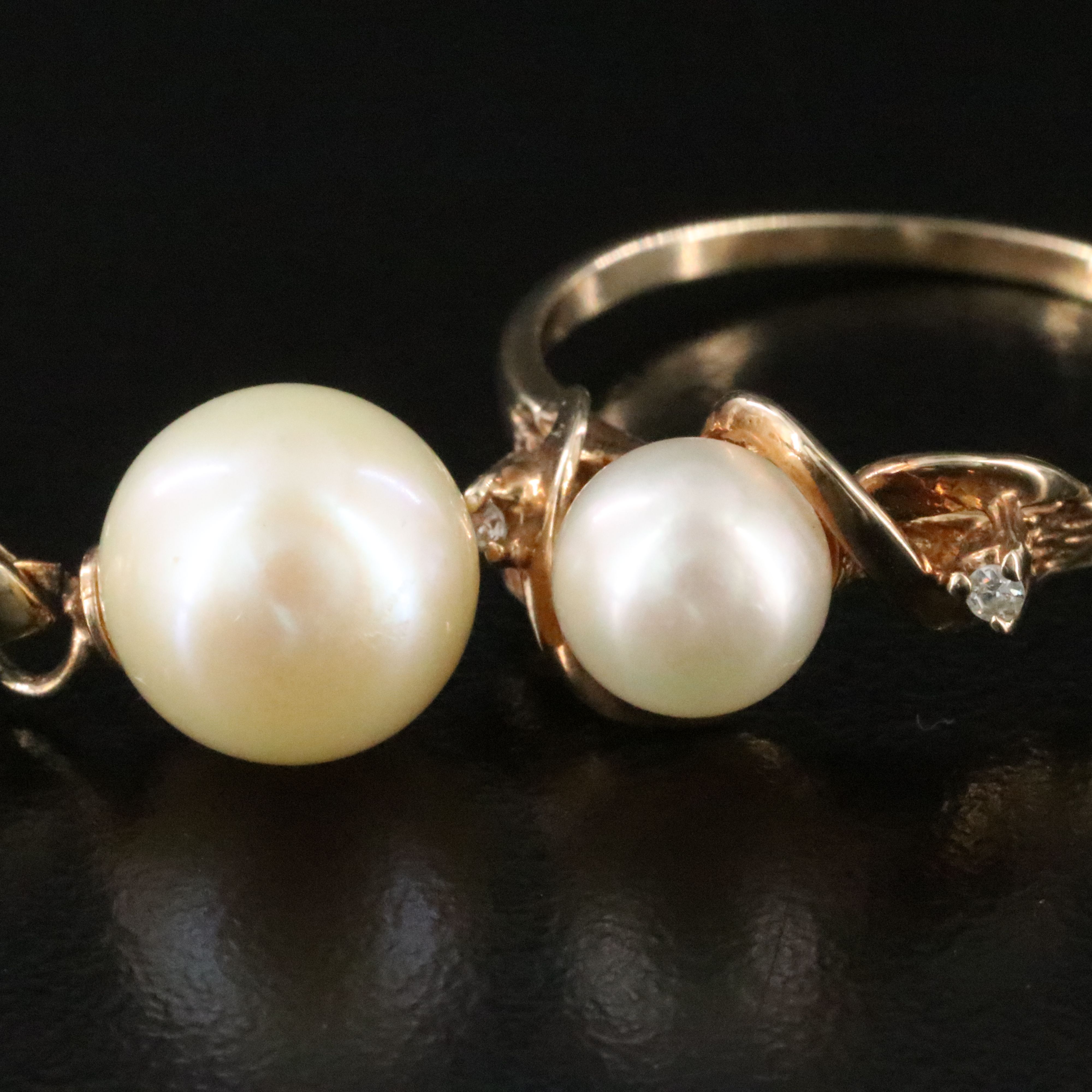 10K Pearl and Diamond Ring and 14K Pearl and CZ Drop Earrings