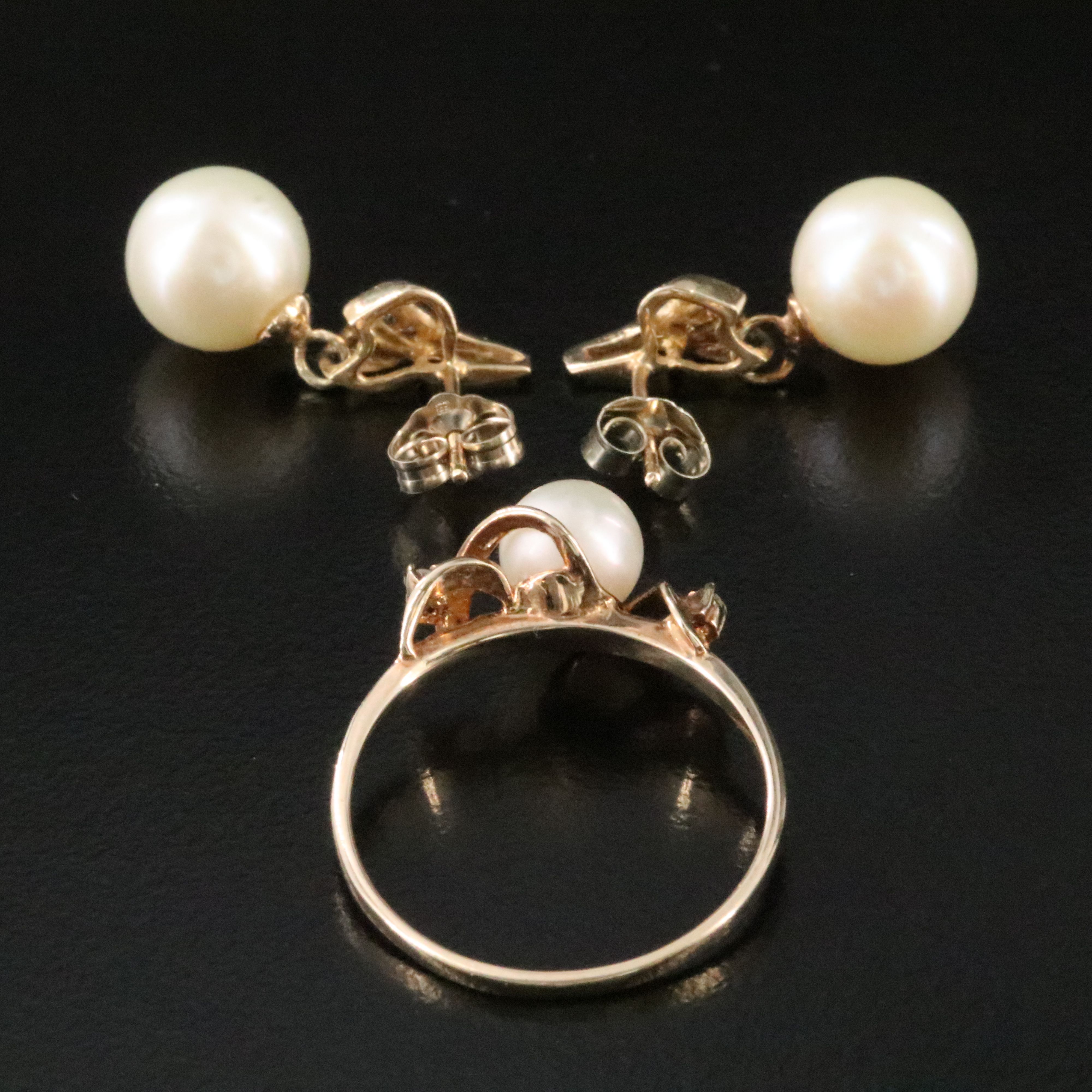 10K Pearl and Diamond Ring and 14K Pearl and CZ Drop Earrings