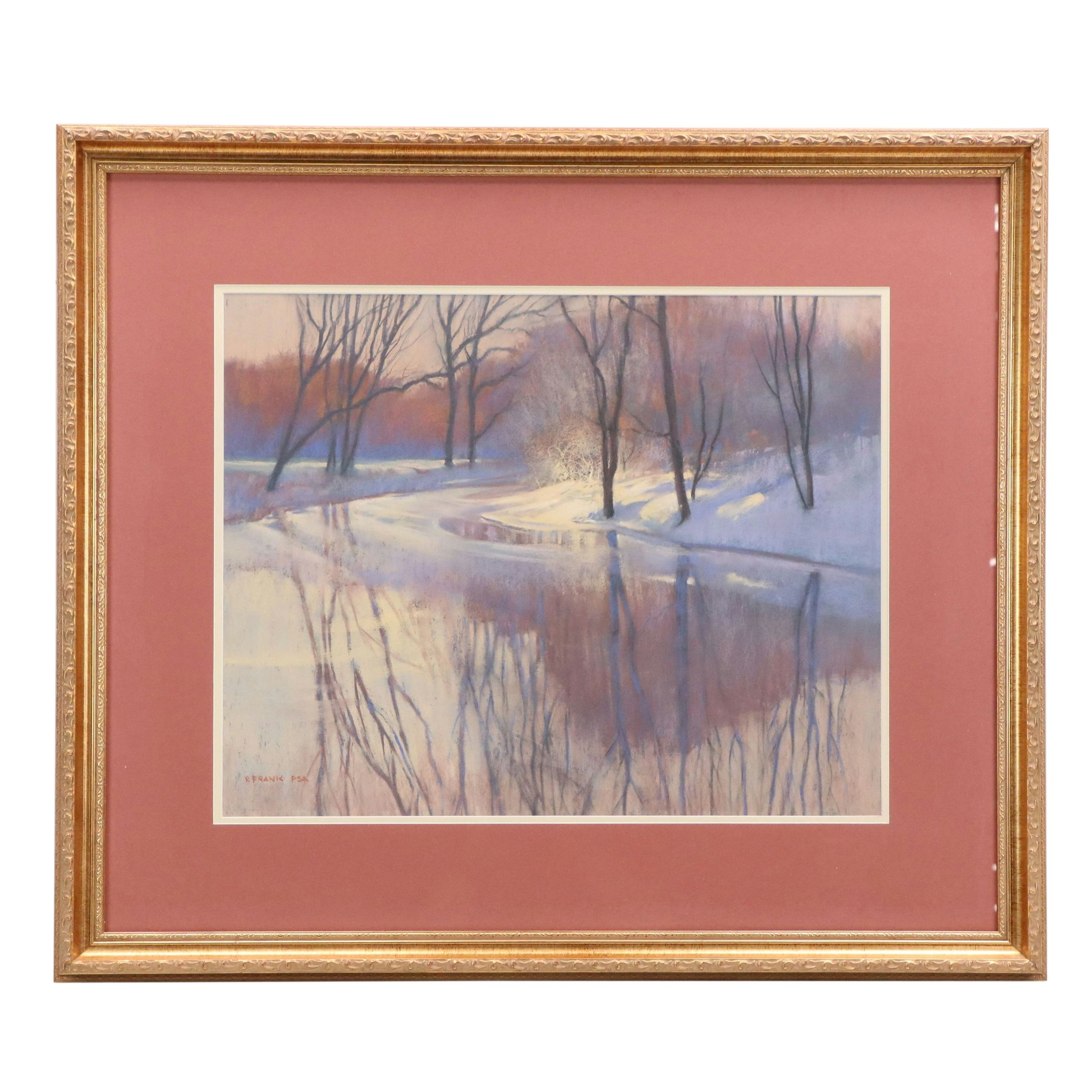 Robert Frank Oil Pastel Drawing of Winter Creek, Late 20th to Early 21st Century