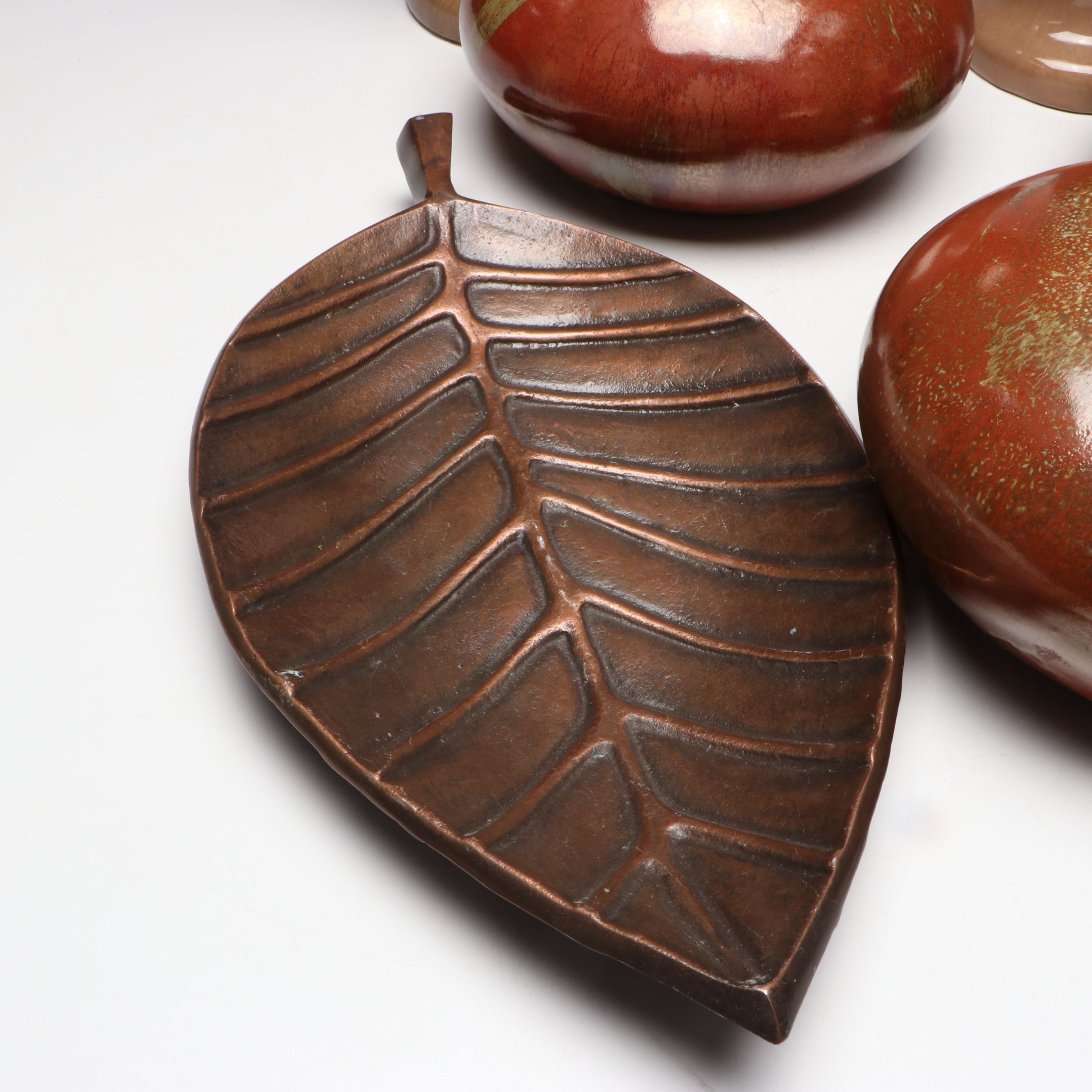 Ceramic Vases and Metal Leaf Form Decorative Platter