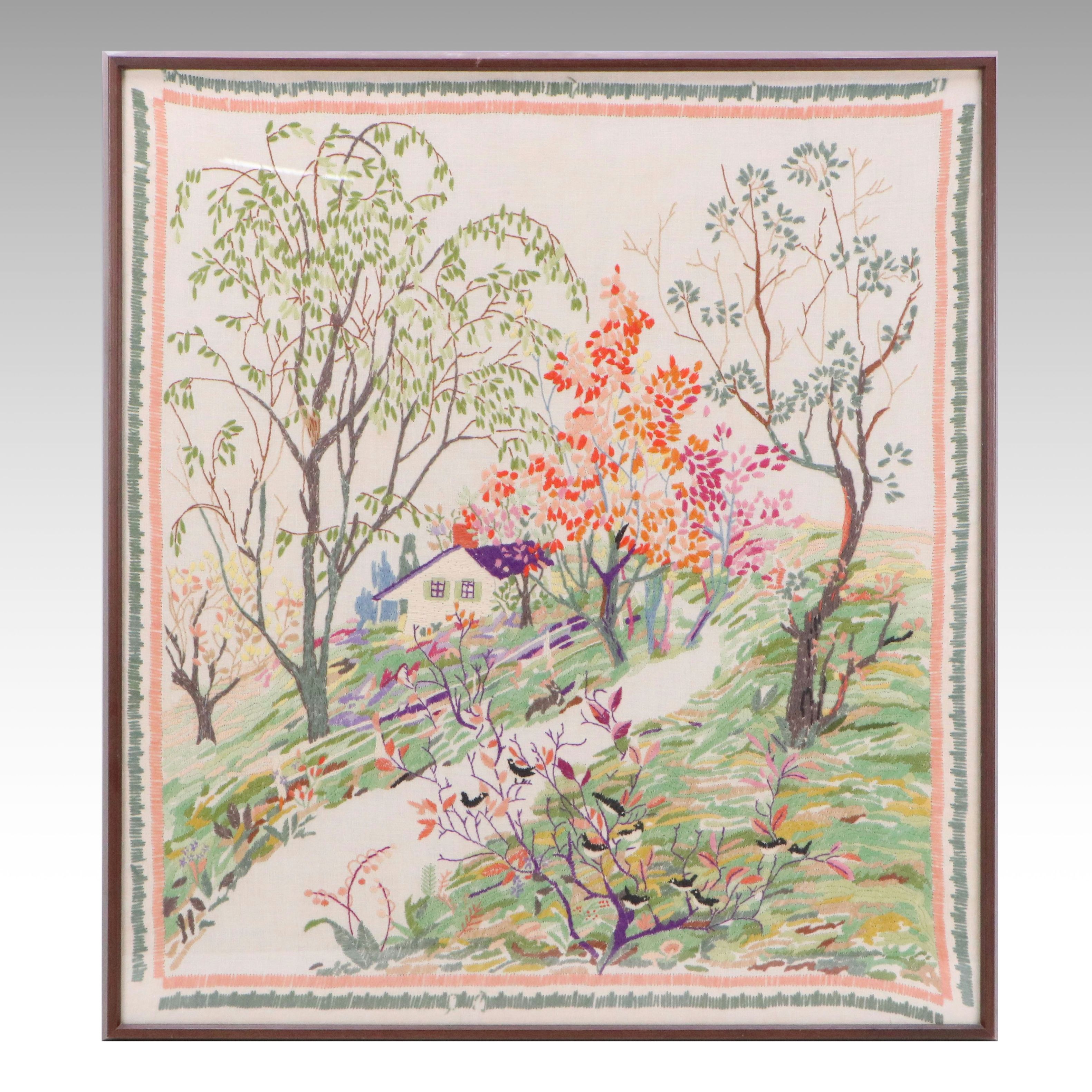 Crewel Work Embroidery of Farm Landscape, Mid to Late 20th Century