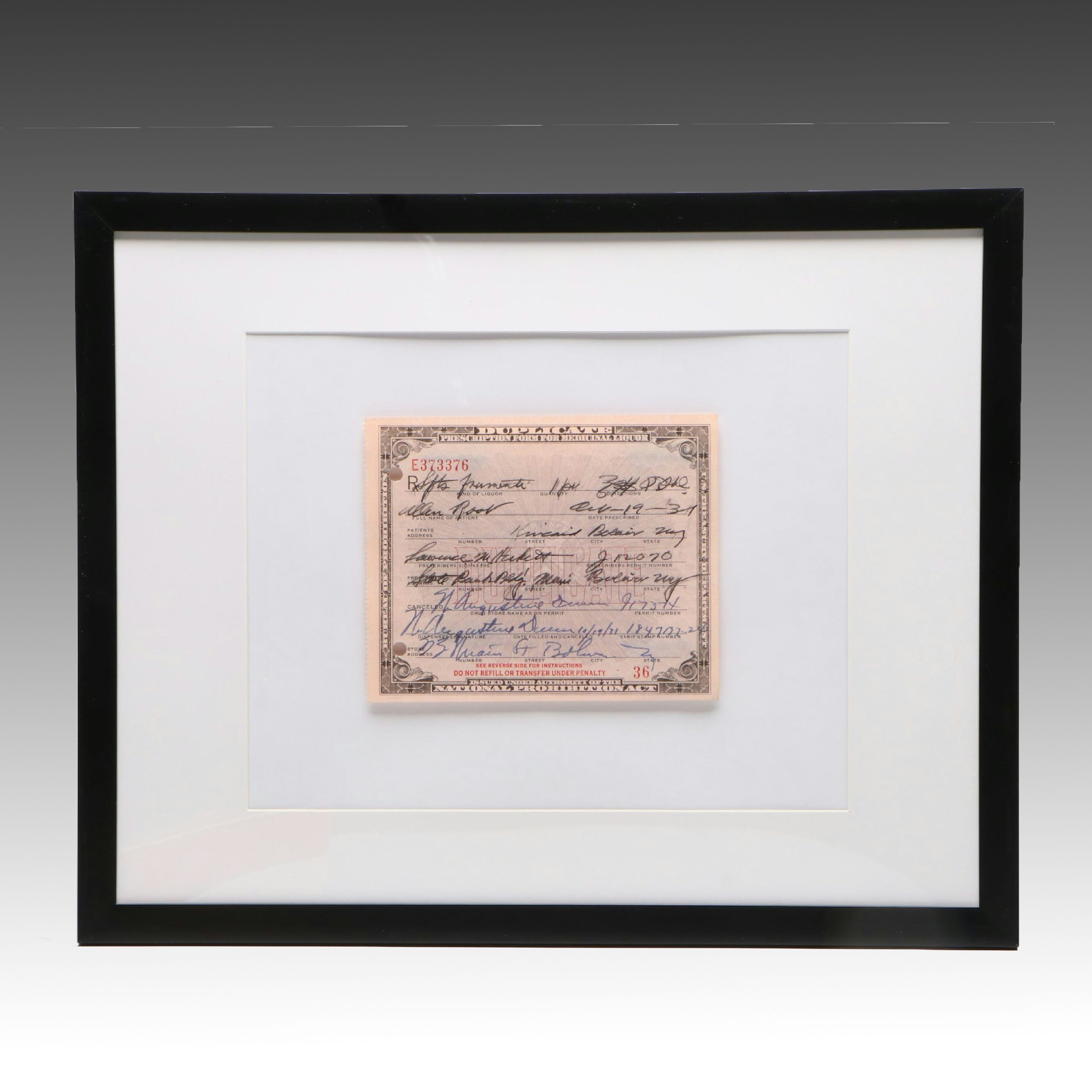 Prohibition Era Prescription Form for Alcohol, 1931