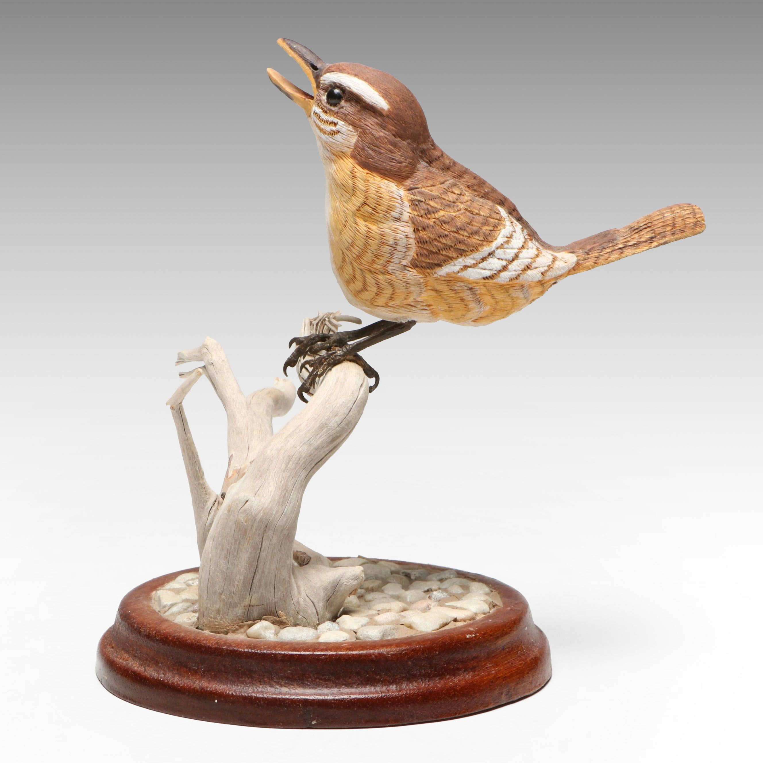 C. G. Smith Hand-Carved Wooden Bird on Branch, 1988