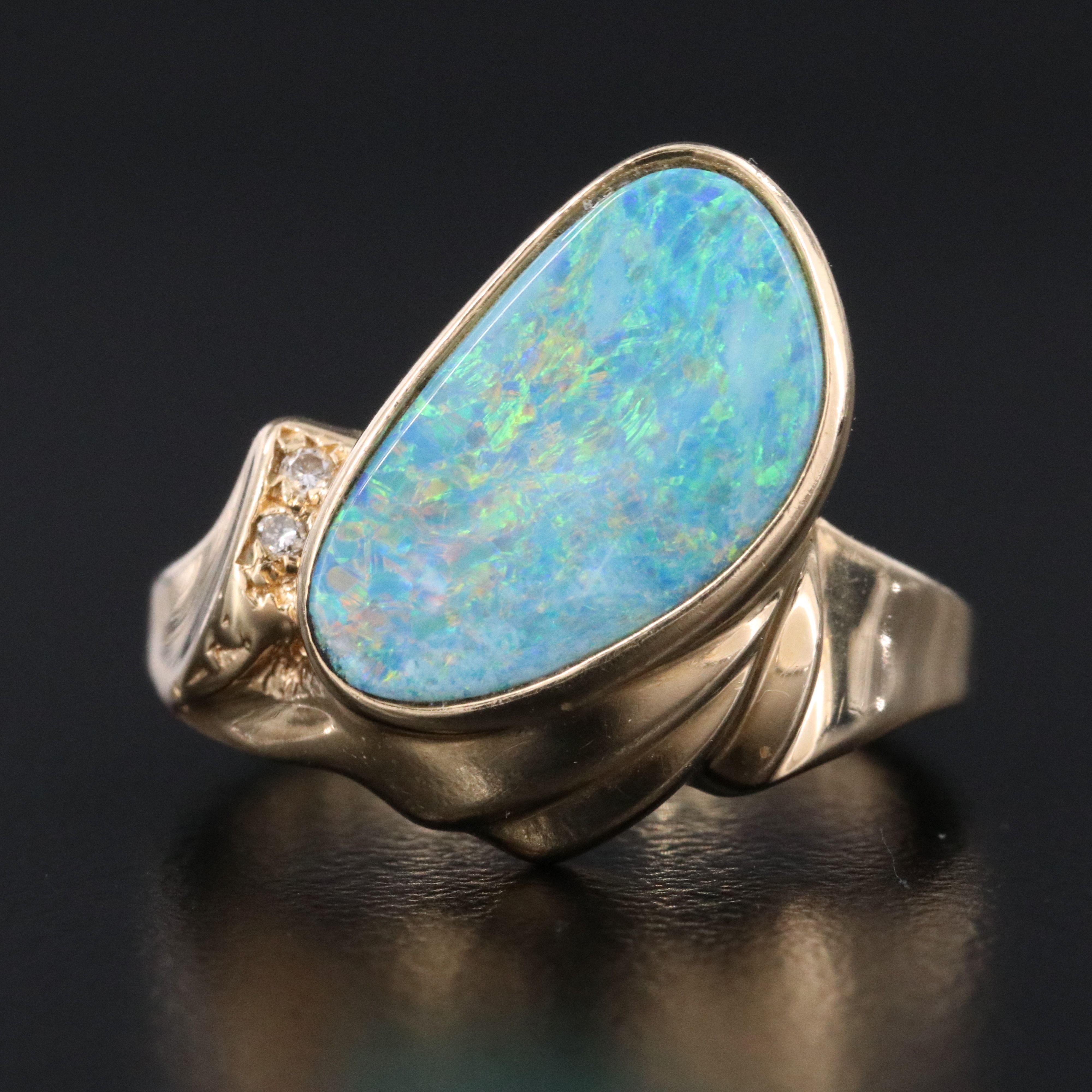 14K Opal Doublet and Diamond Ring