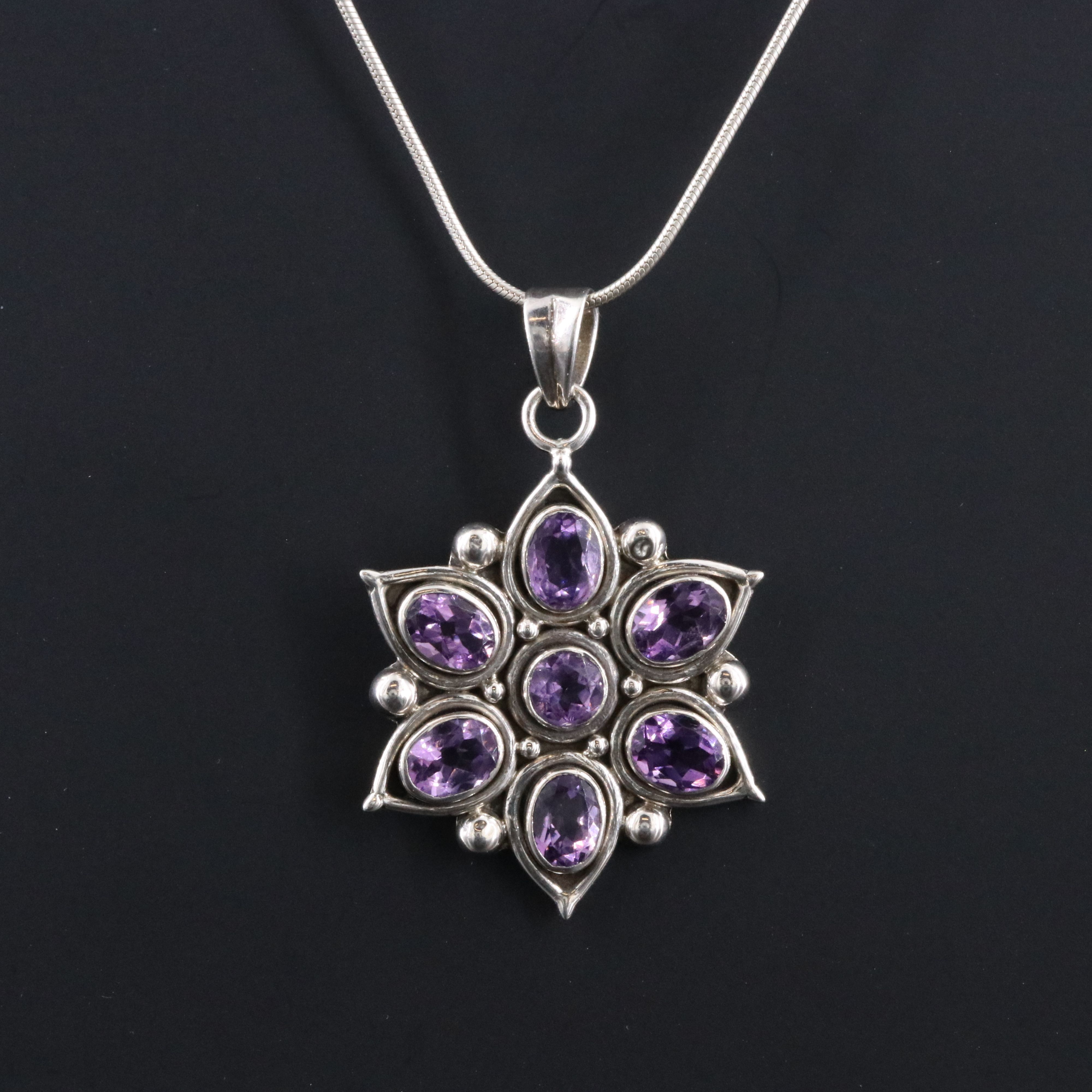 Sterling Amethyst Floral Pendant Necklace