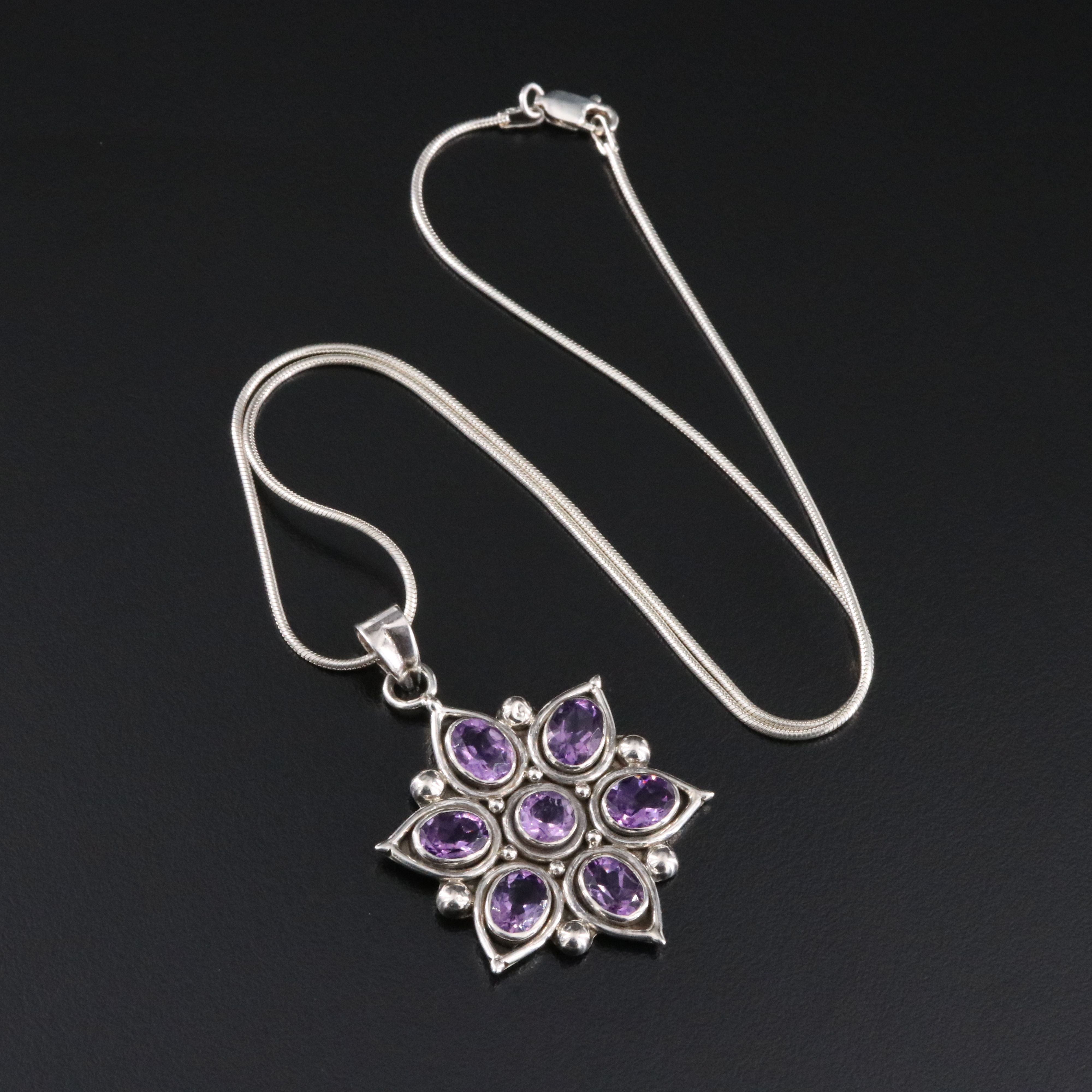 Sterling Amethyst Floral Pendant Necklace