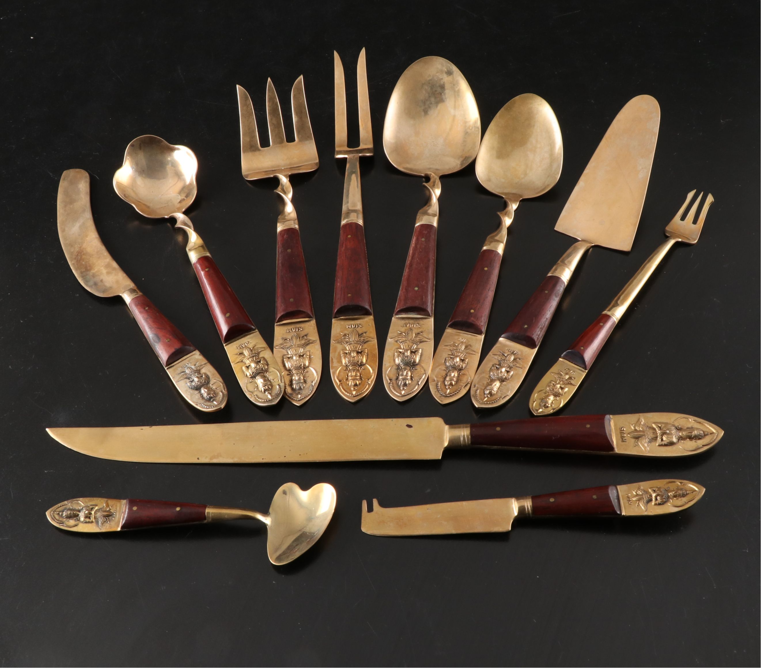 Thai Bronzeware and Rosewood Flatware Service with Thephanom Handles