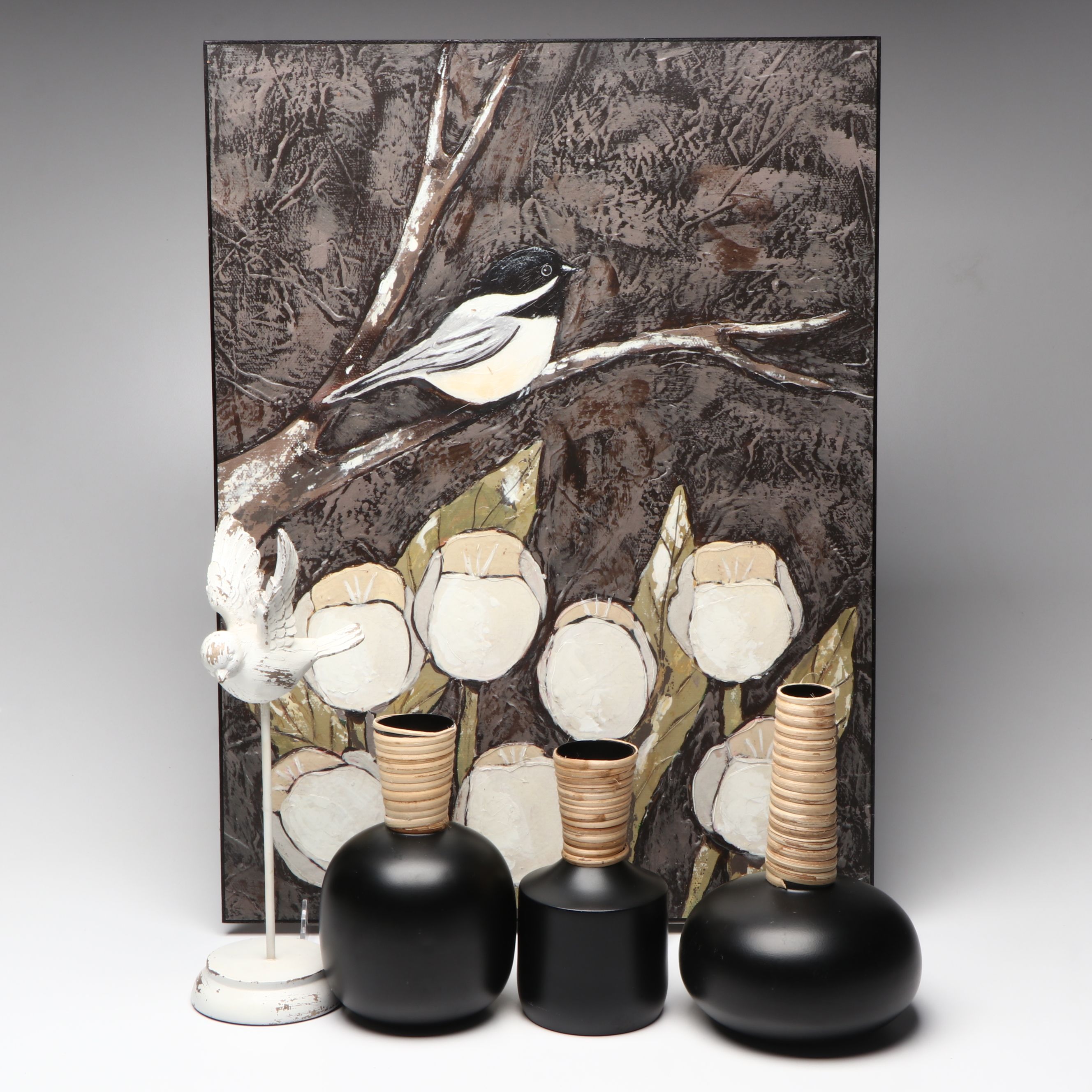 "Chickadee & Tulips" Embellished Print with Metal Vases and Bird Figurine