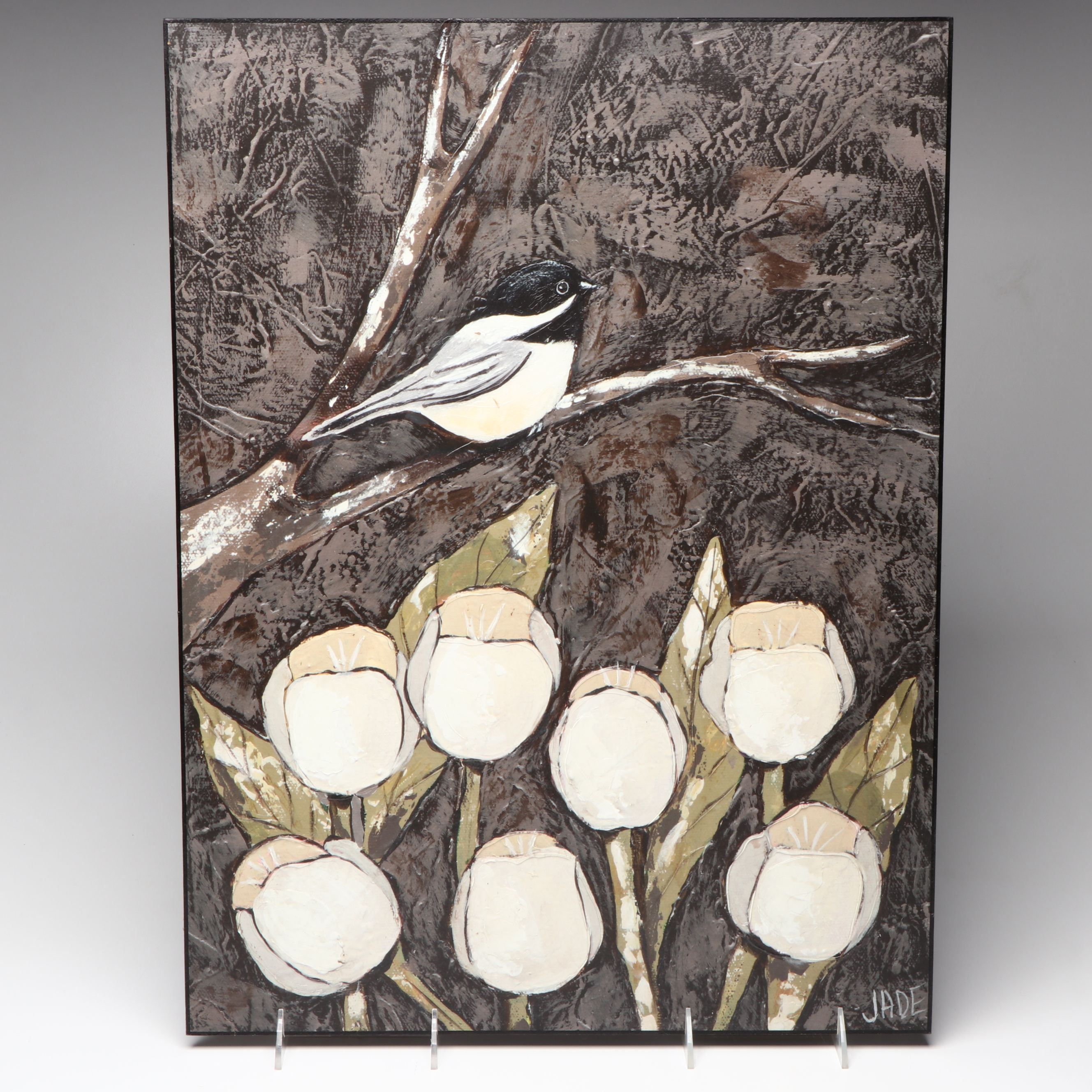 "Chickadee & Tulips" Embellished Print with Metal Vases and Bird Figurine