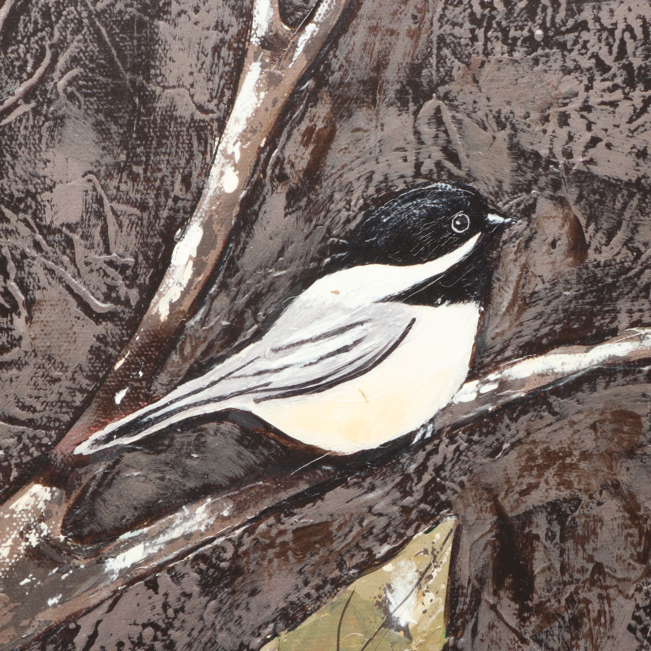 "Chickadee & Tulips" Embellished Print with Metal Vases and Bird Figurine