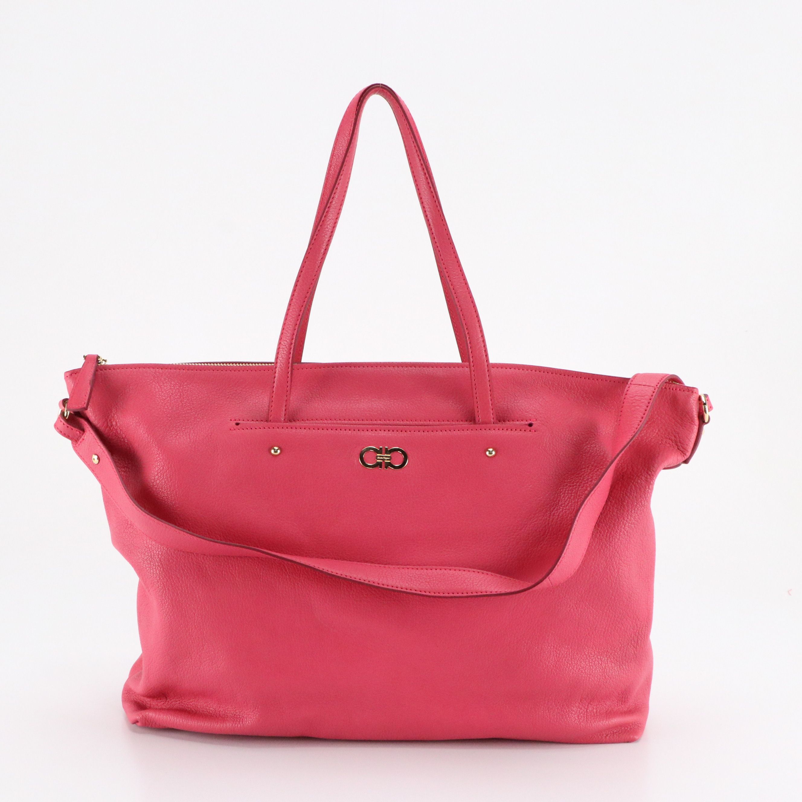 Salvatore Ferragamo Zippered Two Way Tote Bag in Pink Grained Leather