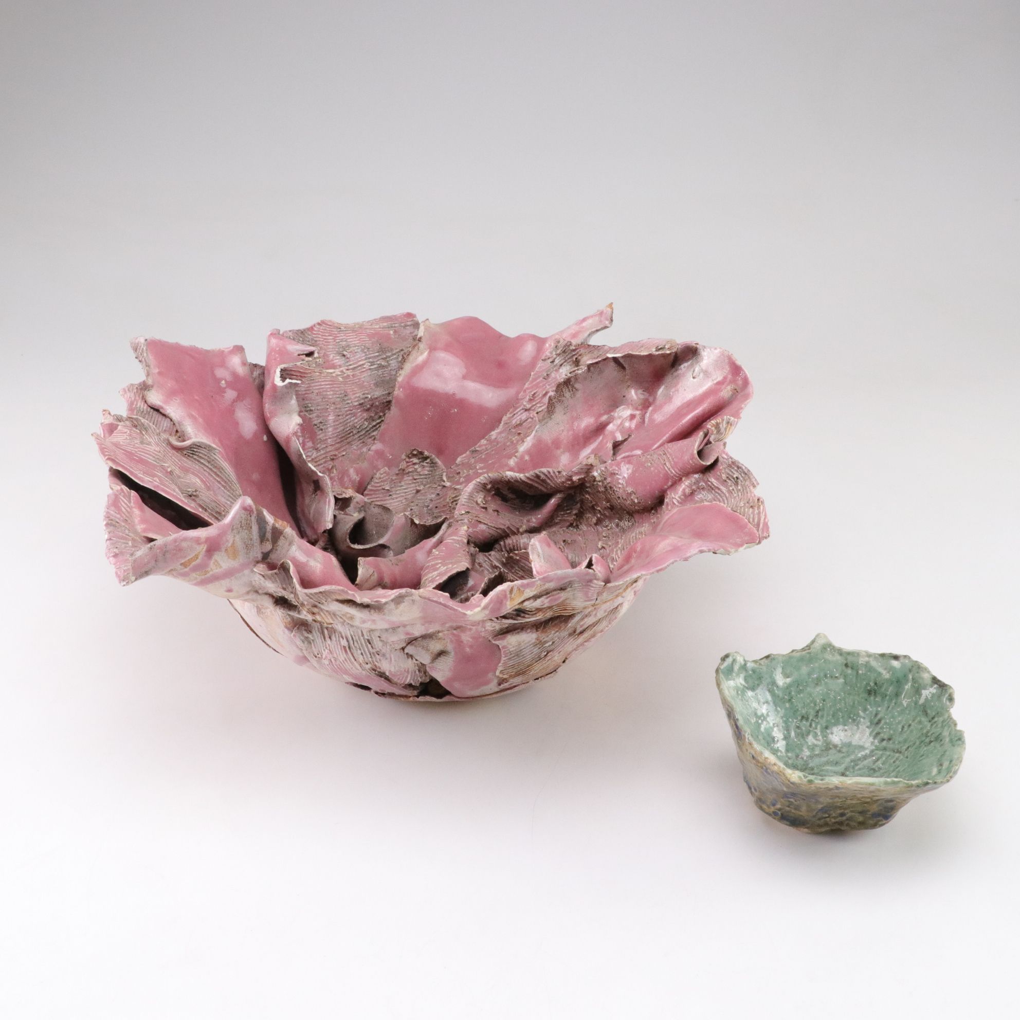 Handcrafted Sculptural Pink Flower and Turquoise Ceramic Bowls