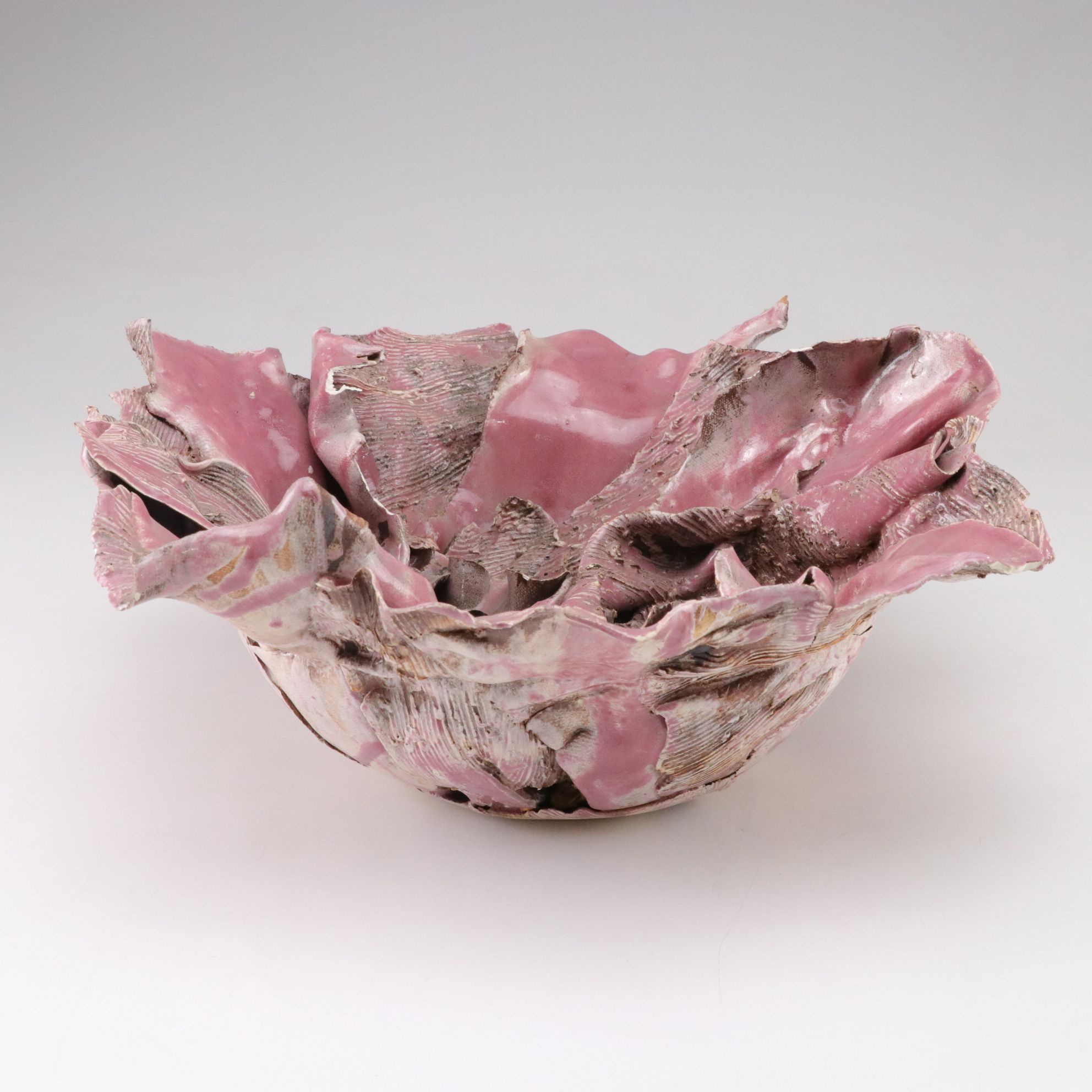 Handcrafted Sculptural Pink Flower and Turquoise Ceramic Bowls
