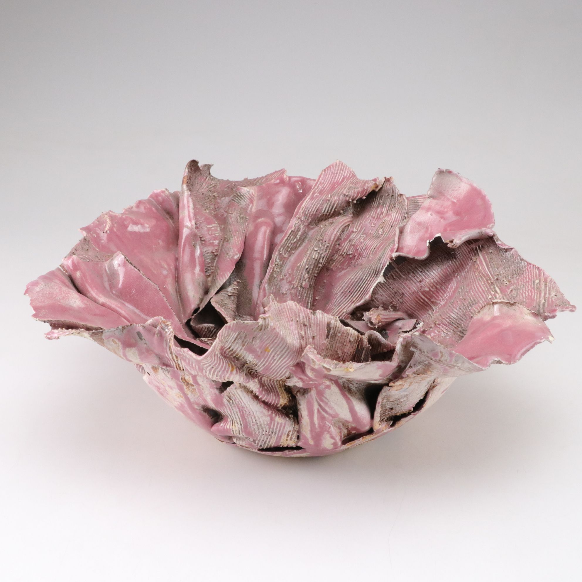 Handcrafted Sculptural Pink Flower and Turquoise Ceramic Bowls