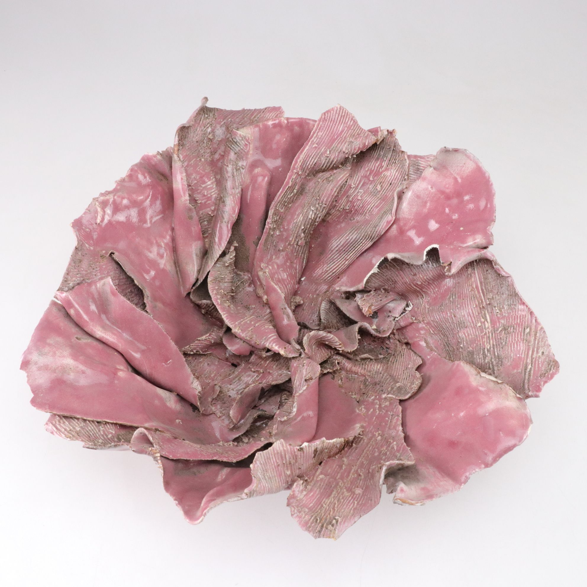 Handcrafted Sculptural Pink Flower and Turquoise Ceramic Bowls