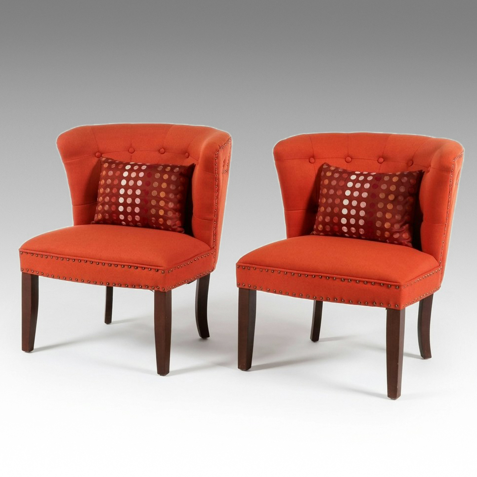 Pair of Hollywood Regency Style Tufted Orange Slipper Chairs, 21st Century