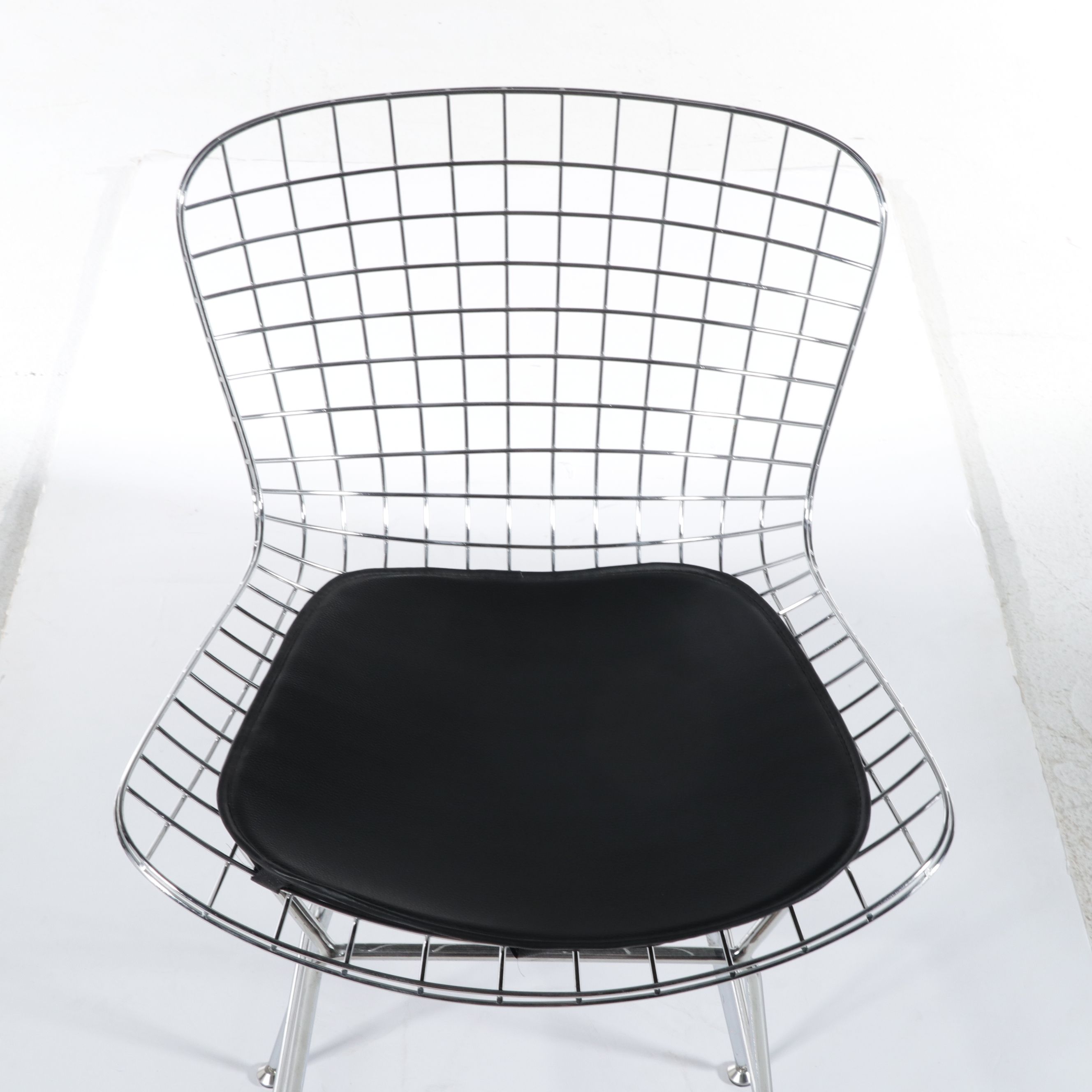 Pair of Bertoia Style Chrome Wire Barstools with Black Vinyl Seat Pads