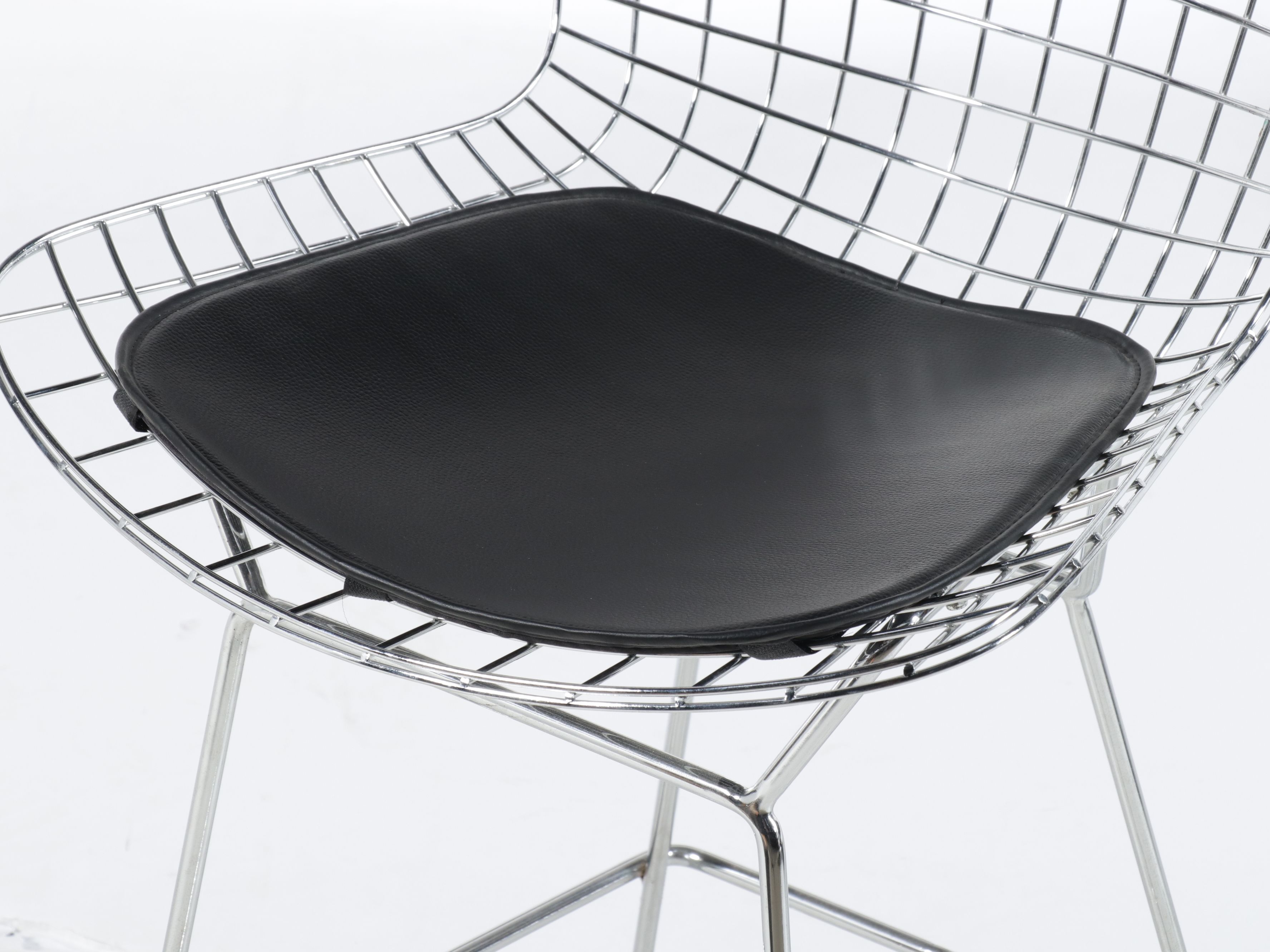 Pair of Bertoia Style Chrome Wire Barstools with Black Vinyl Seat Pads