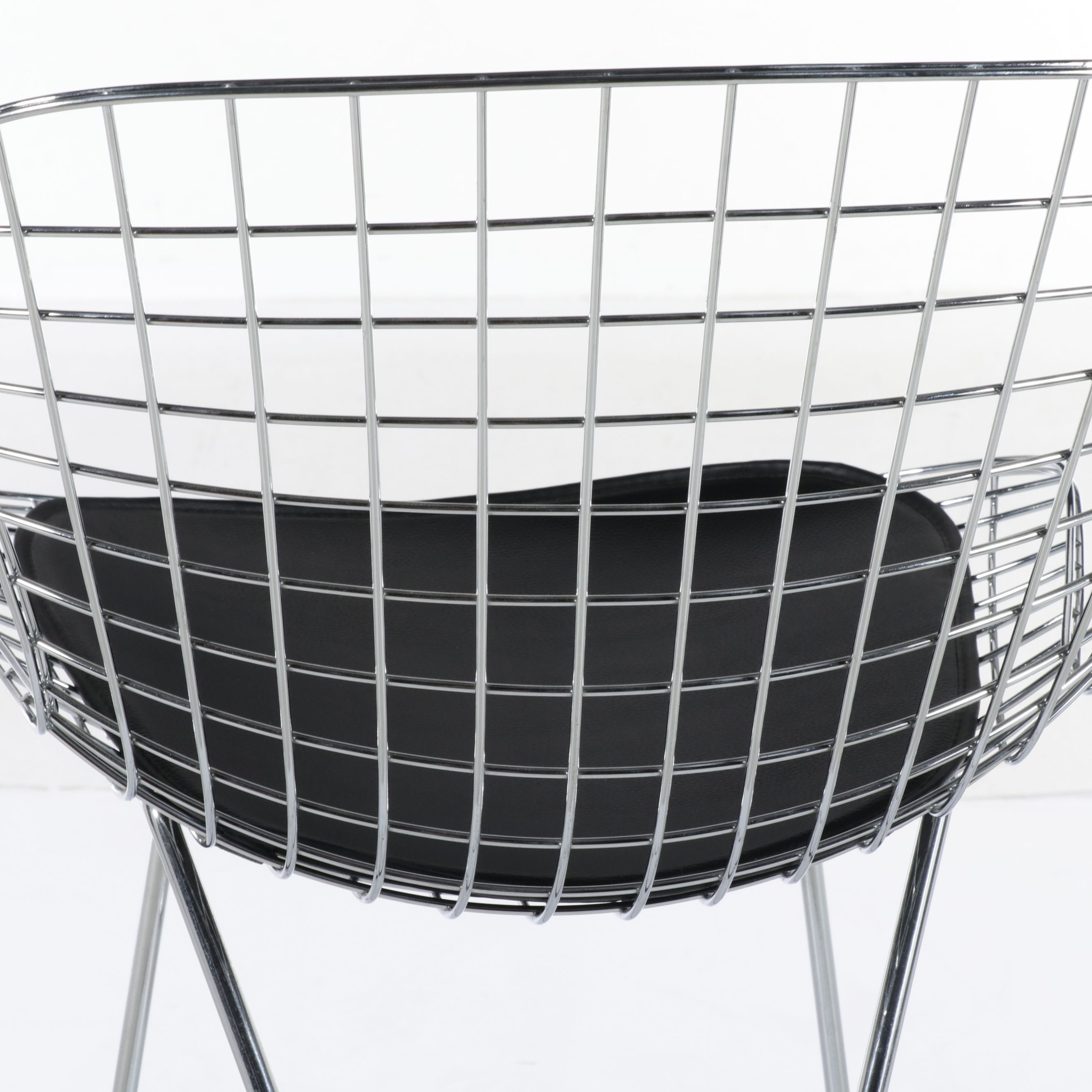 Pair of Bertoia Style Chrome Wire Barstools with Black Vinyl Seat Pads