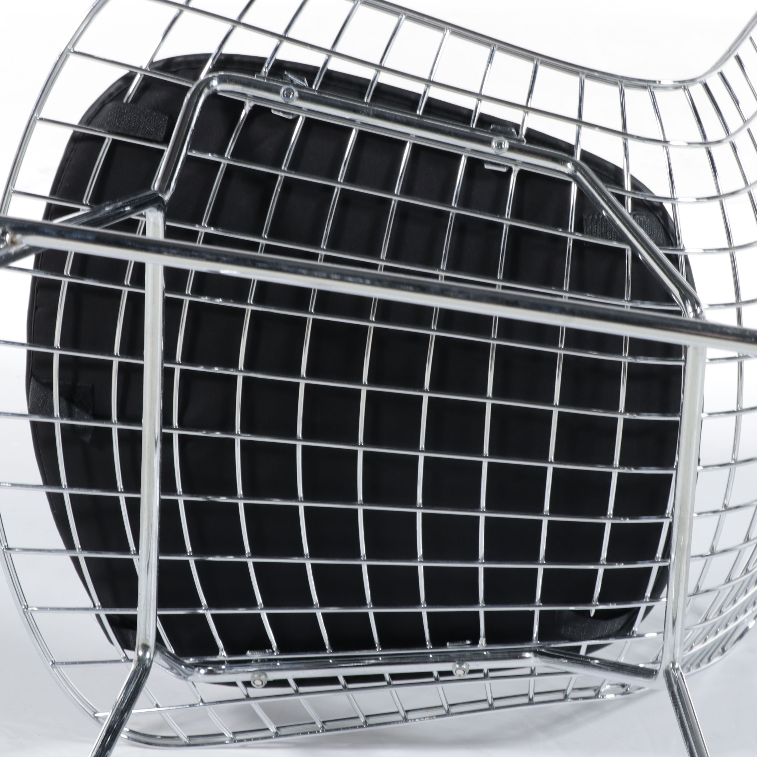 Pair of Bertoia Style Chrome Wire Barstools with Black Vinyl Seat Pads