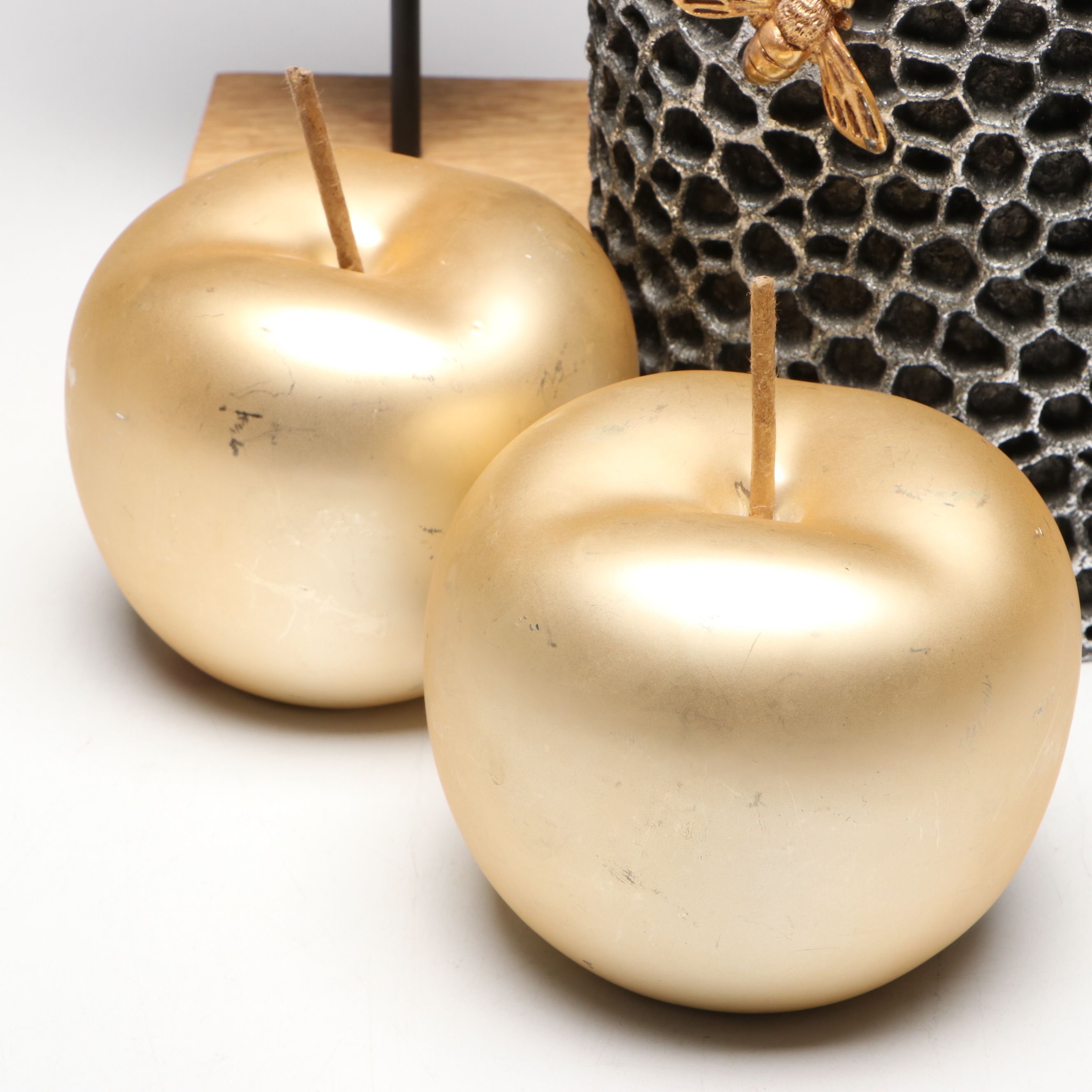 Contemporary Gold Finished Leaf Figurines with Apples and Beehive Vase
