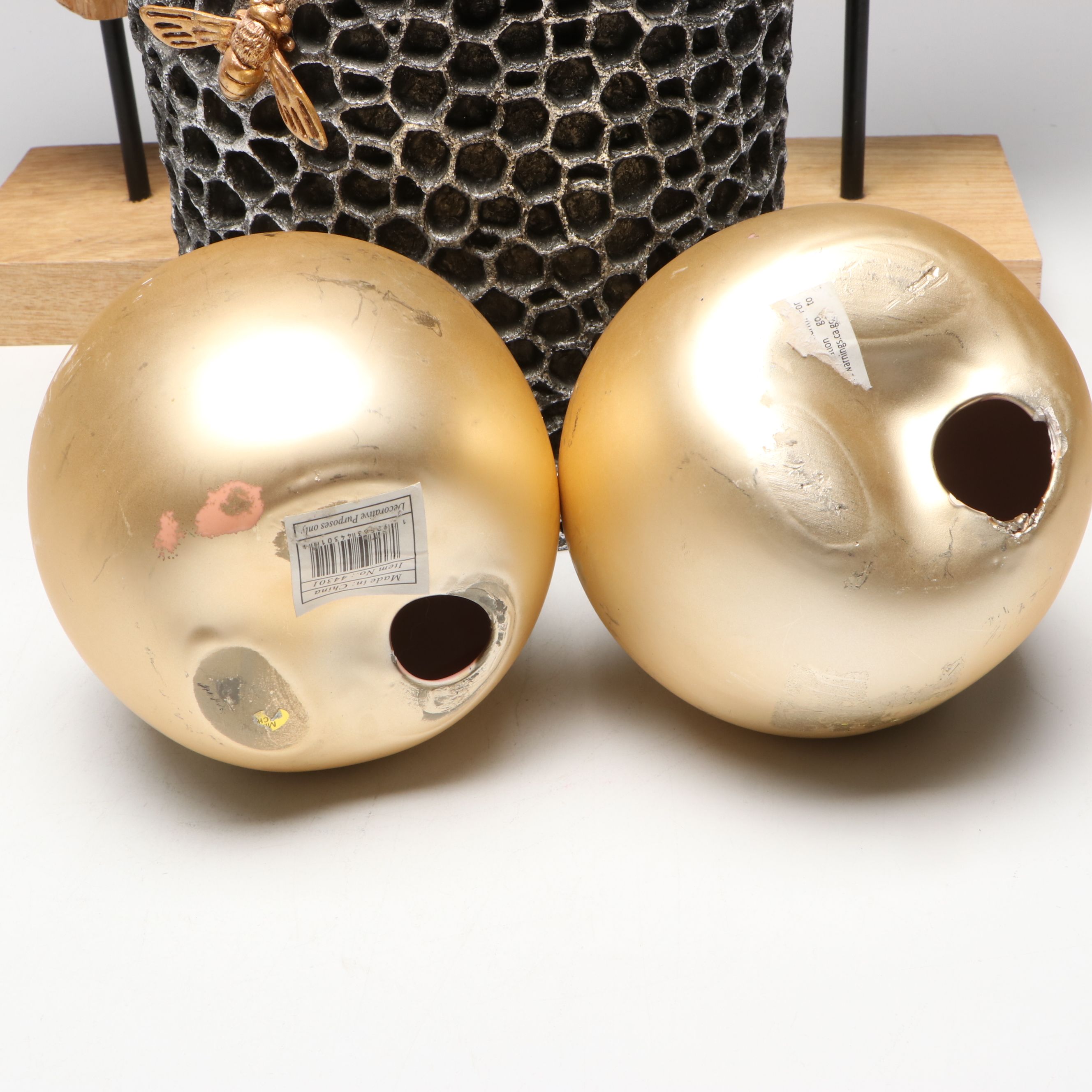 Contemporary Gold Finished Leaf Figurines with Apples and Beehive Vase