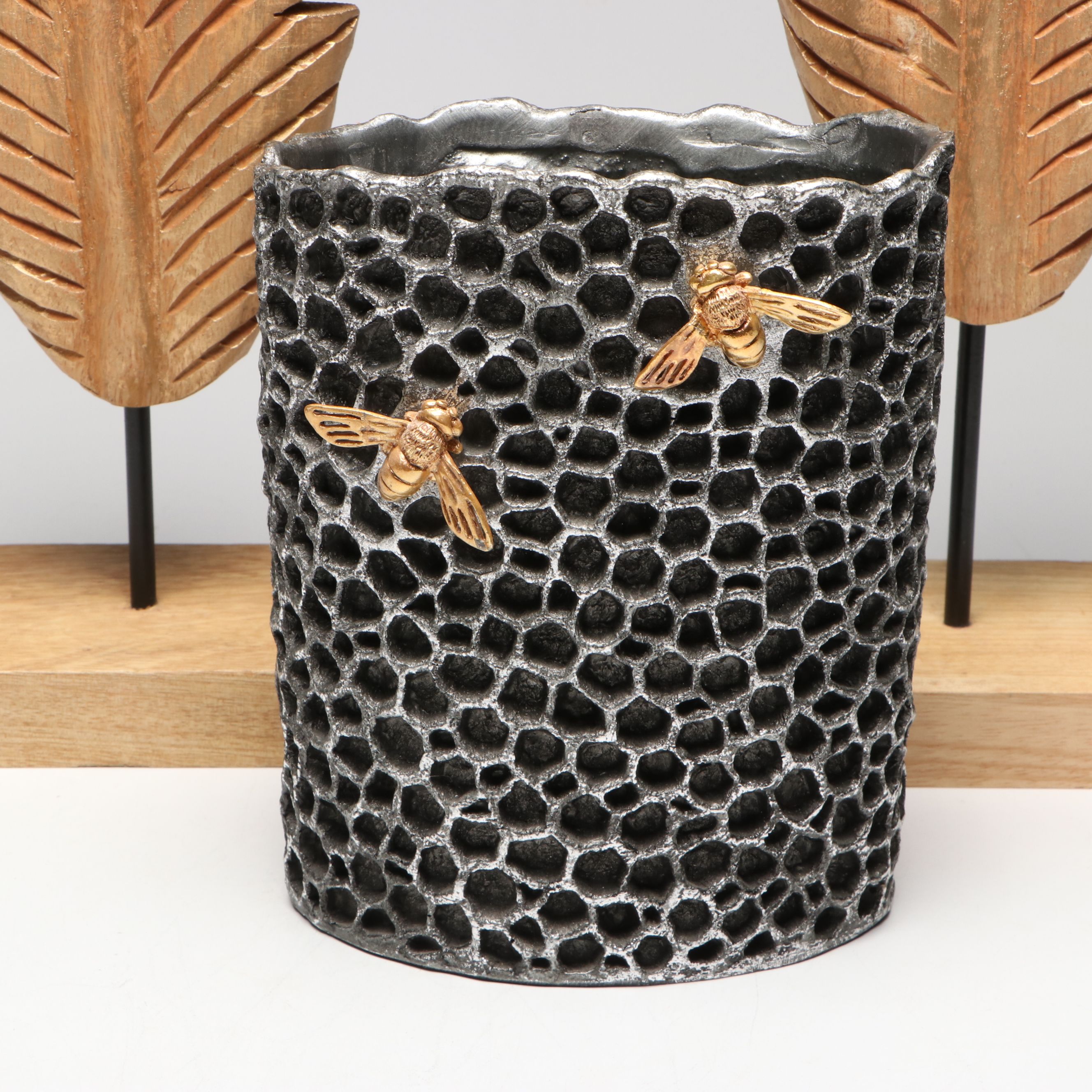 Contemporary Gold Finished Leaf Figurines with Apples and Beehive Vase