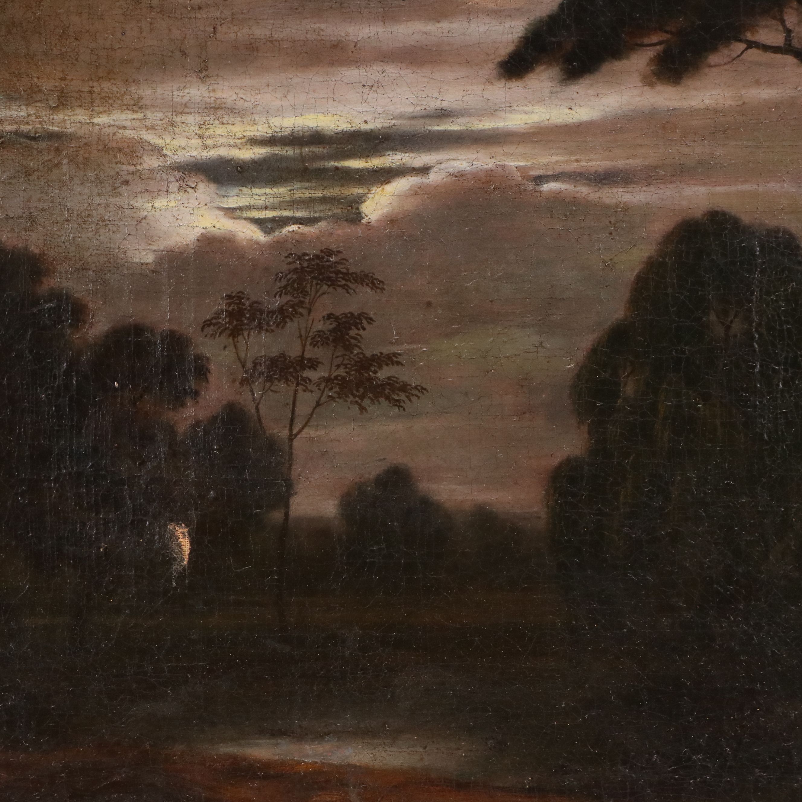 Continental School Nocturne Landscape Oil Painting of Trees and Stream, 19th C.