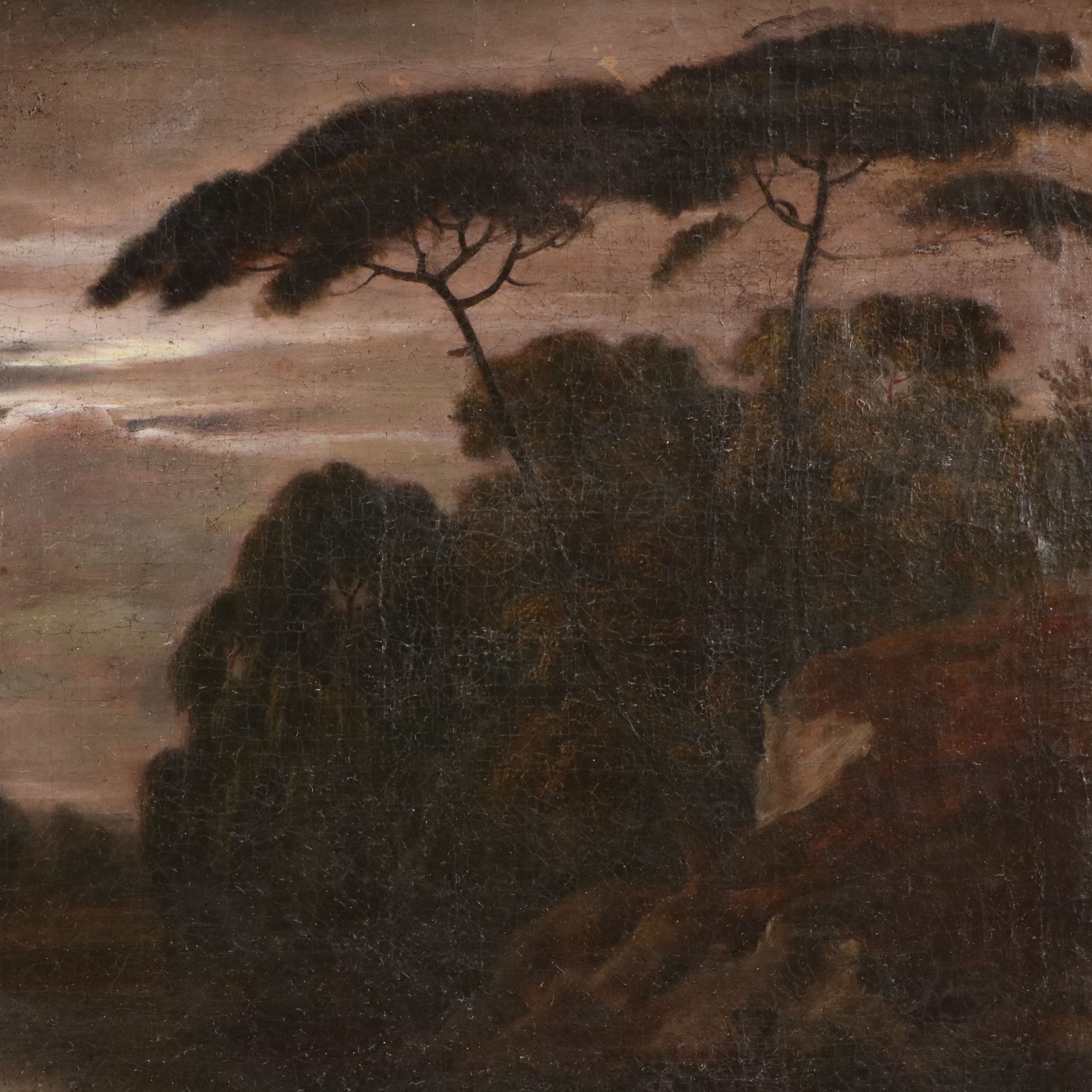 Continental School Nocturne Landscape Oil Painting of Trees and Stream, 19th C.