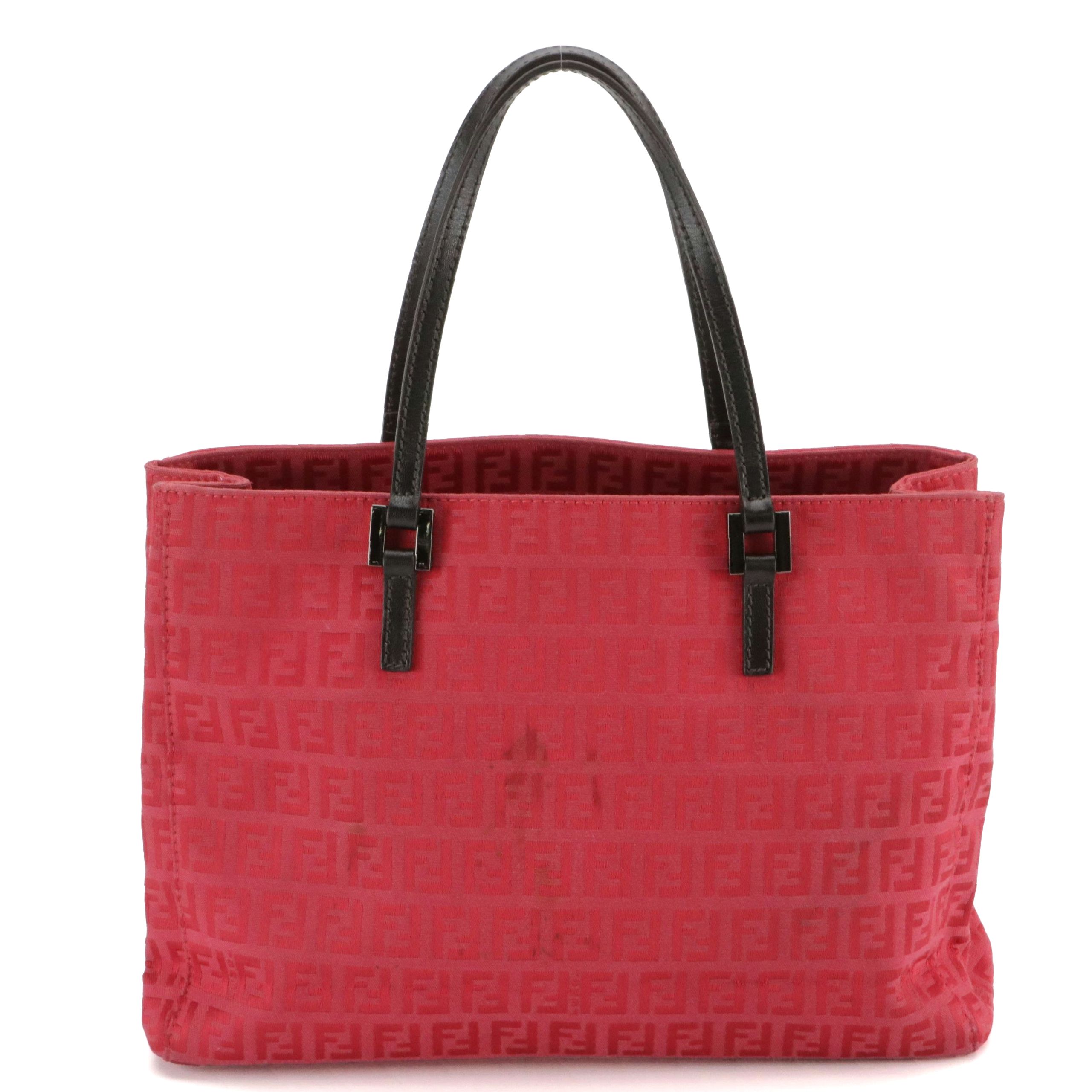 Fendi Small Tote Bag in Raspberry Pink Zucchino Nylon and Brown Leather Trim