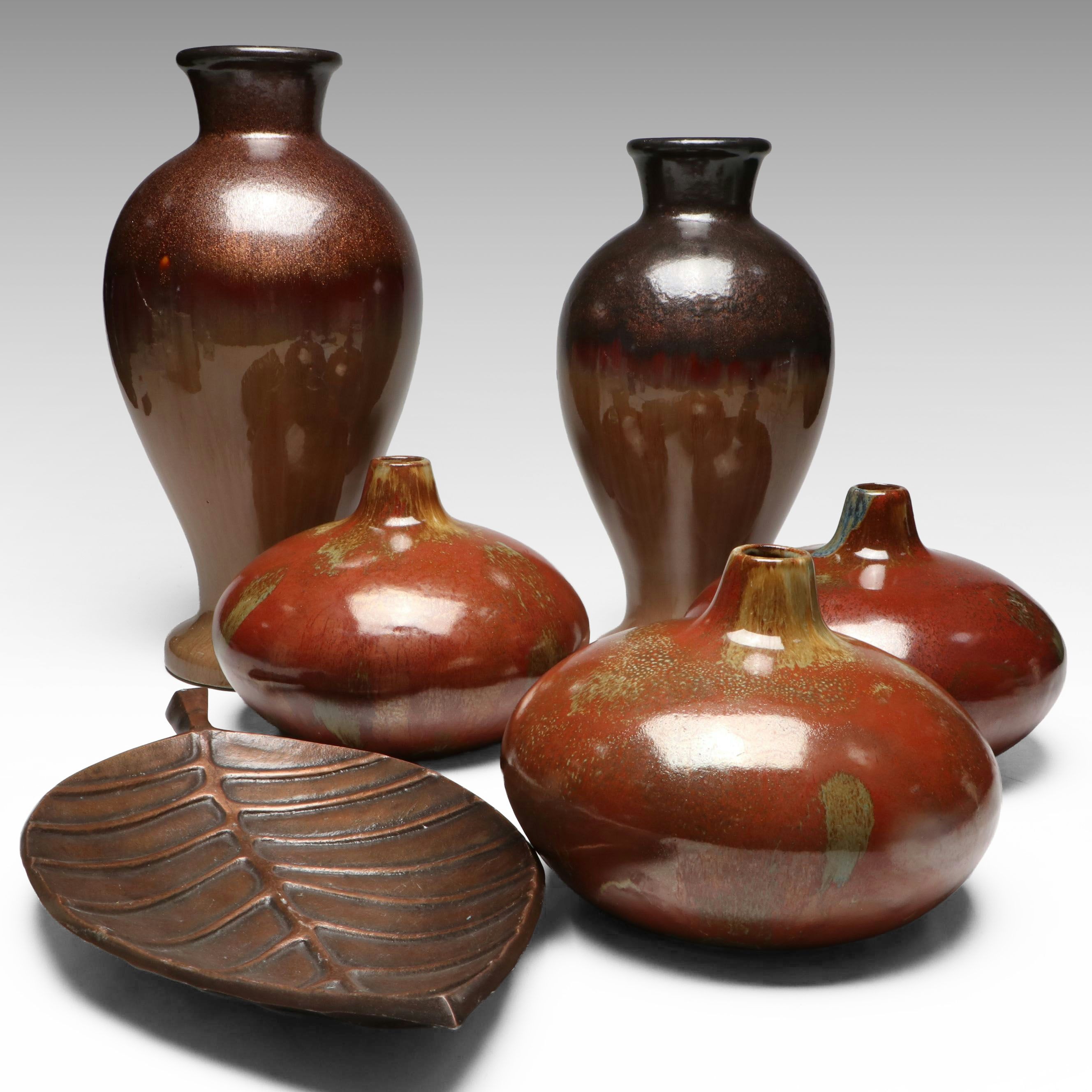 Ceramic Vases and Metal Leaf Form Decorative Platter