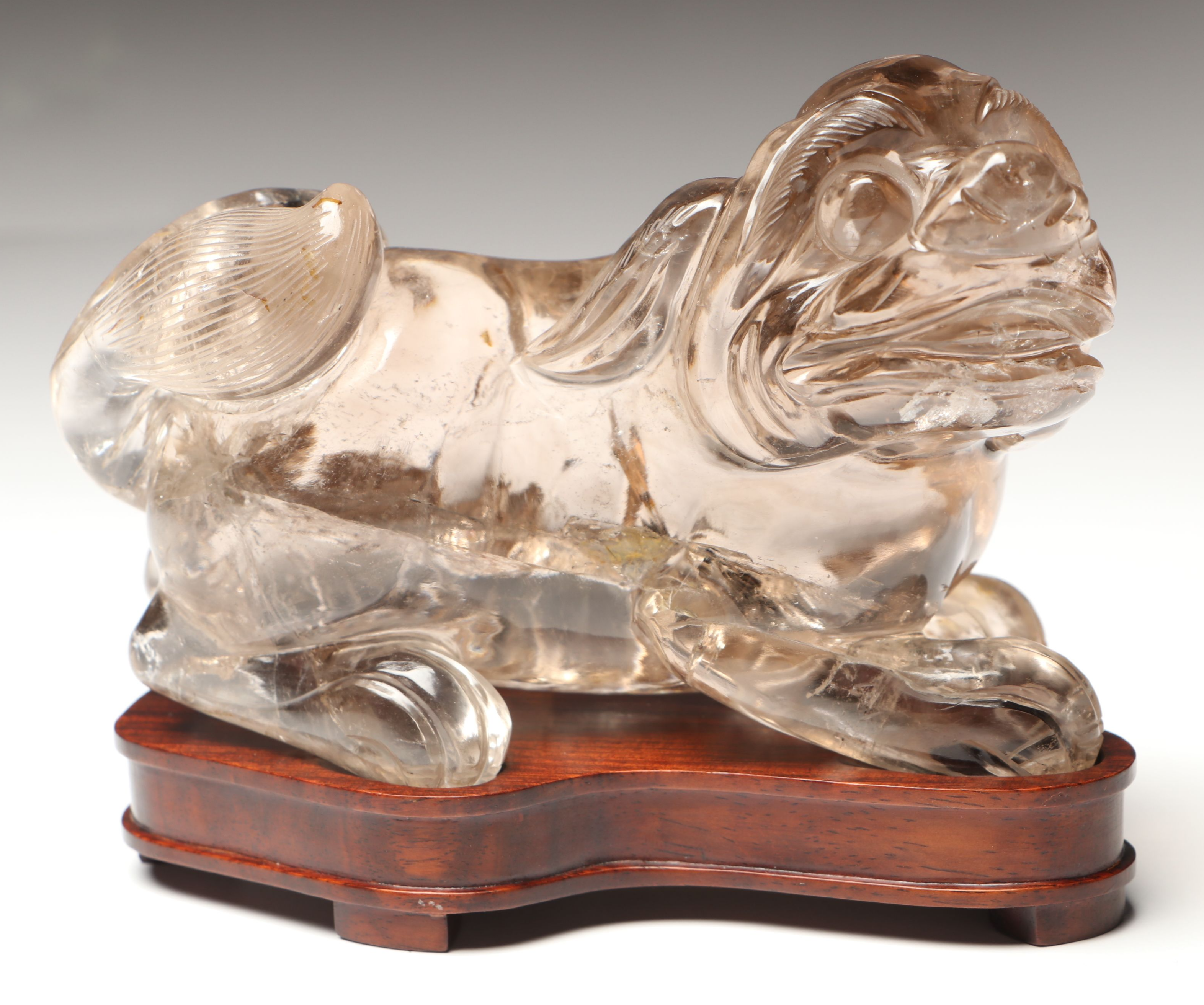 Chinese Guardian Lion Rock Crystal Figure on Wood Base