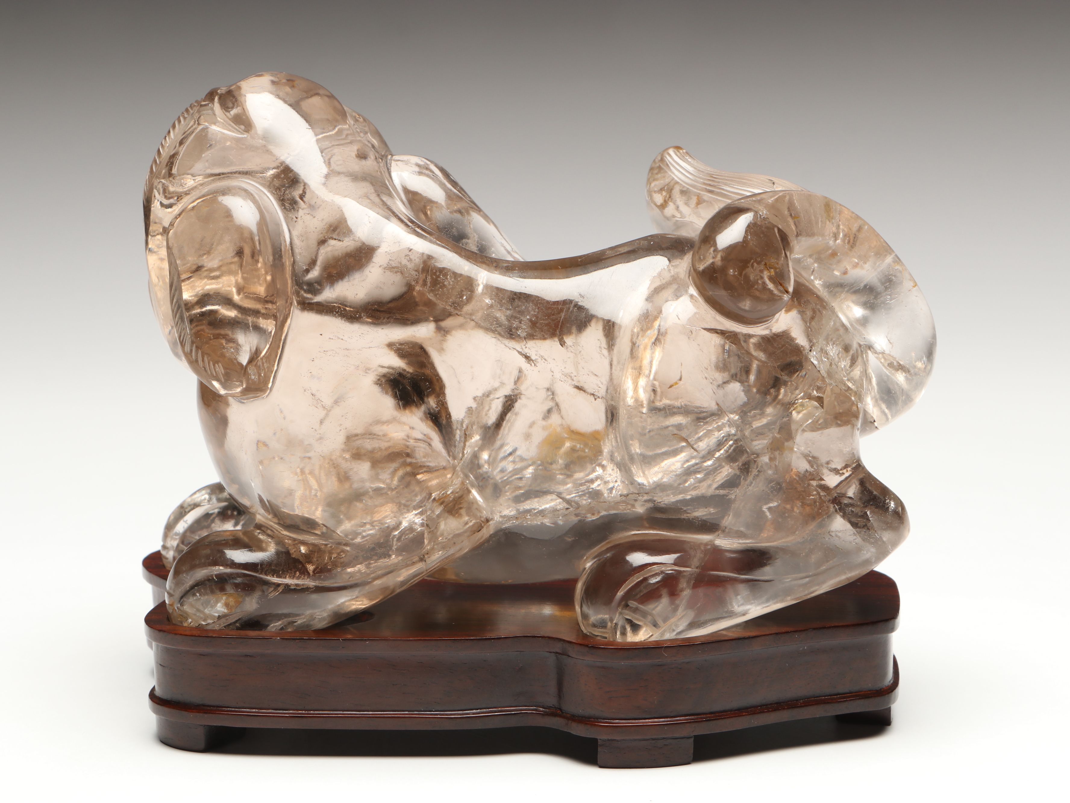 Chinese Guardian Lion Rock Crystal Figure on Wood Base