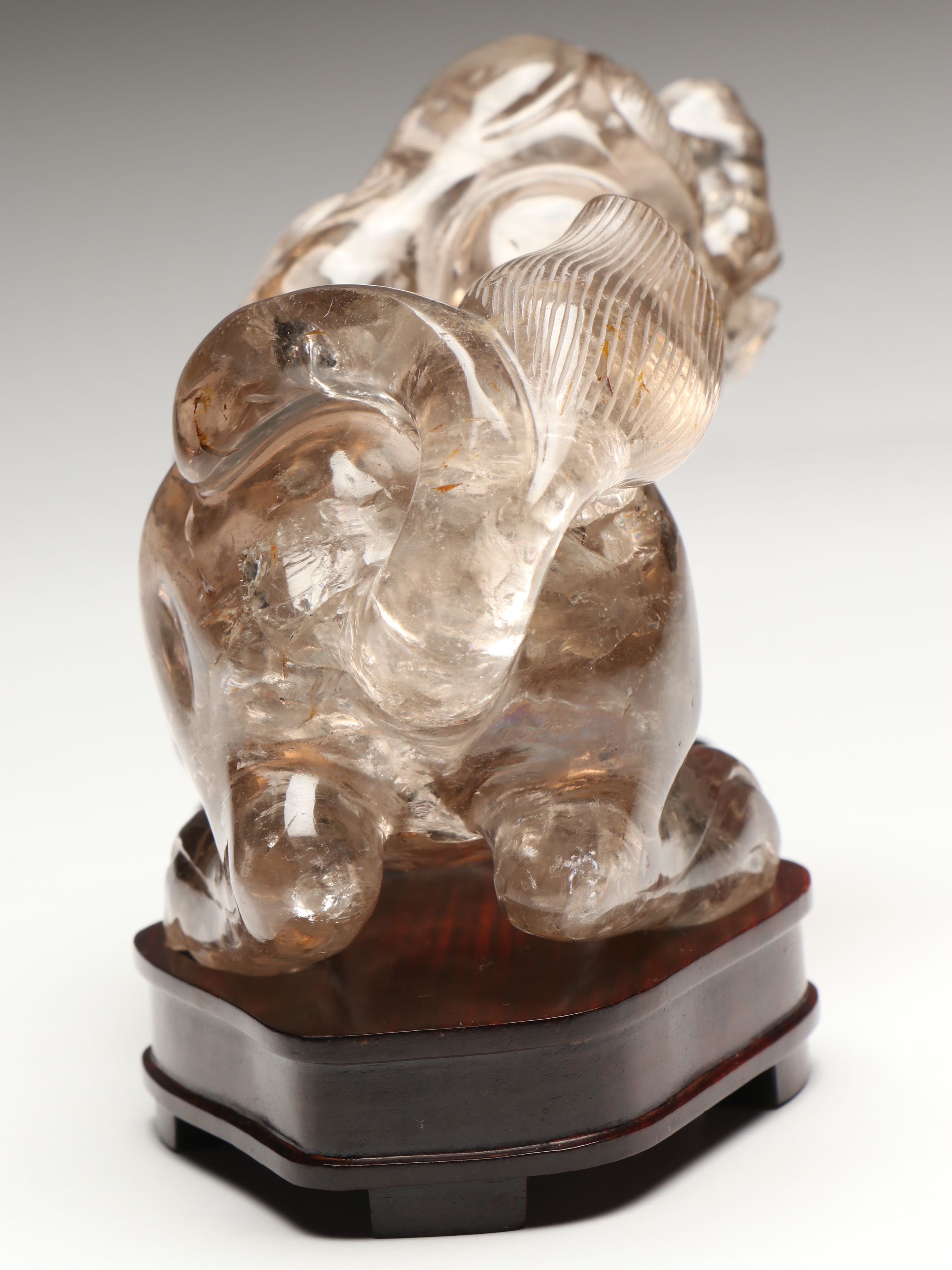 Chinese Guardian Lion Rock Crystal Figure on Wood Base