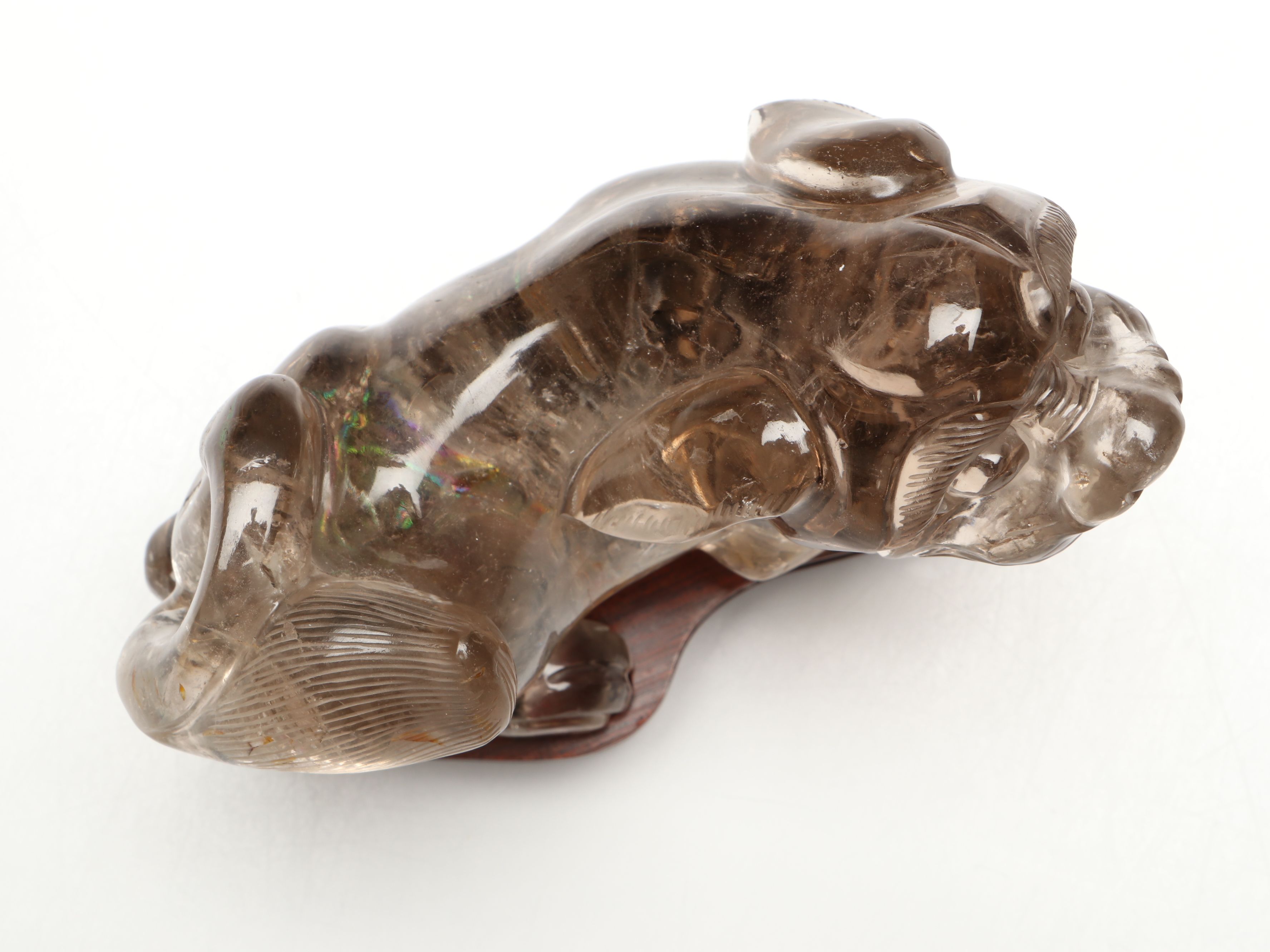 Chinese Guardian Lion Rock Crystal Figure on Wood Base